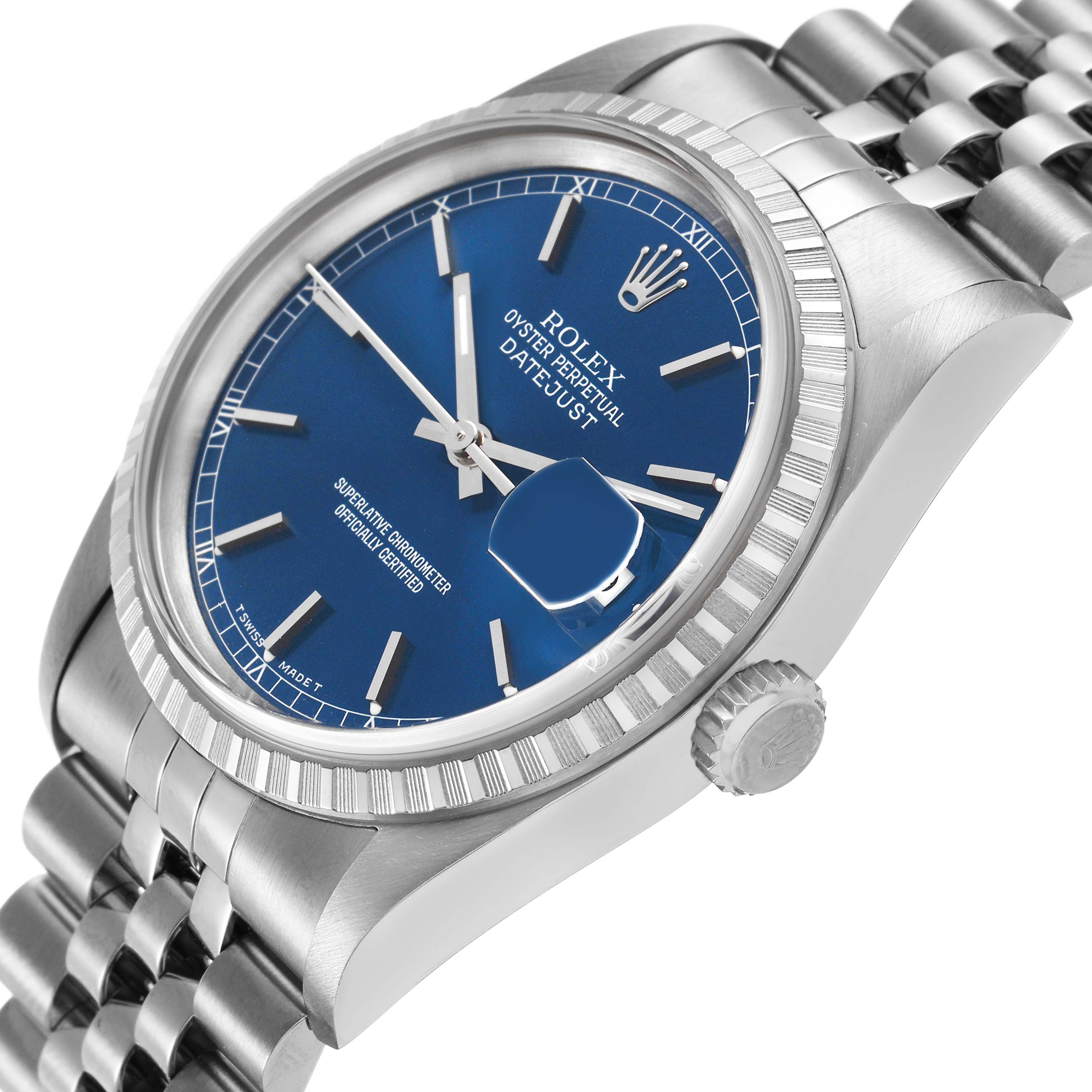 The Rolex Datejust 16220 Men's Stainless Steel Blue Dial watch is shown at a three-quarter angle, highlighting the face, bezel, and part of the bracelet.