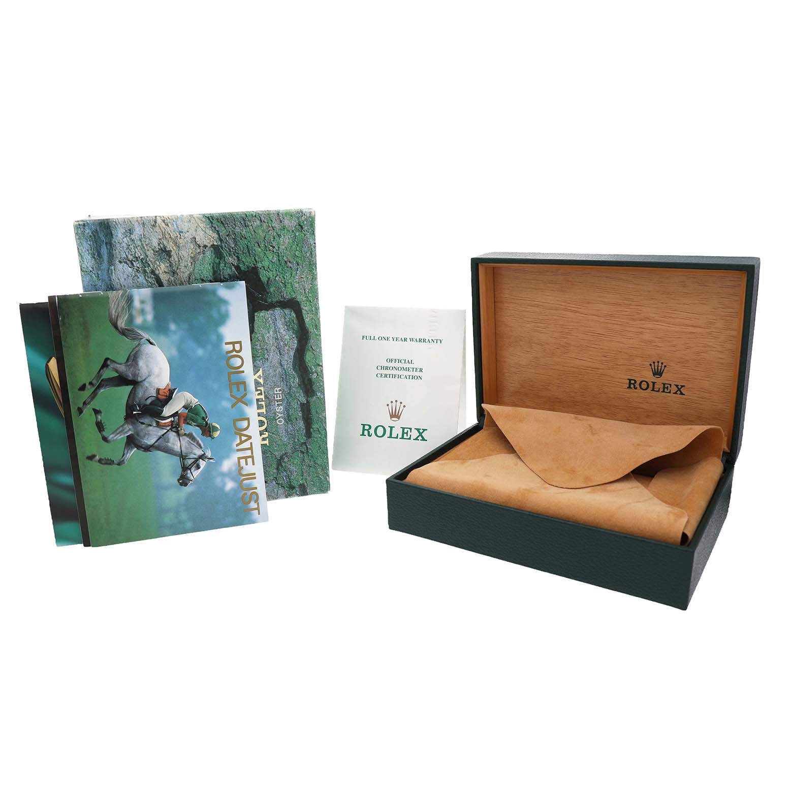 The image shows a Rolex Datejust 16220 Men's Stainless Steel Blue Dial box and accompanying booklets at an angle displaying accessories.