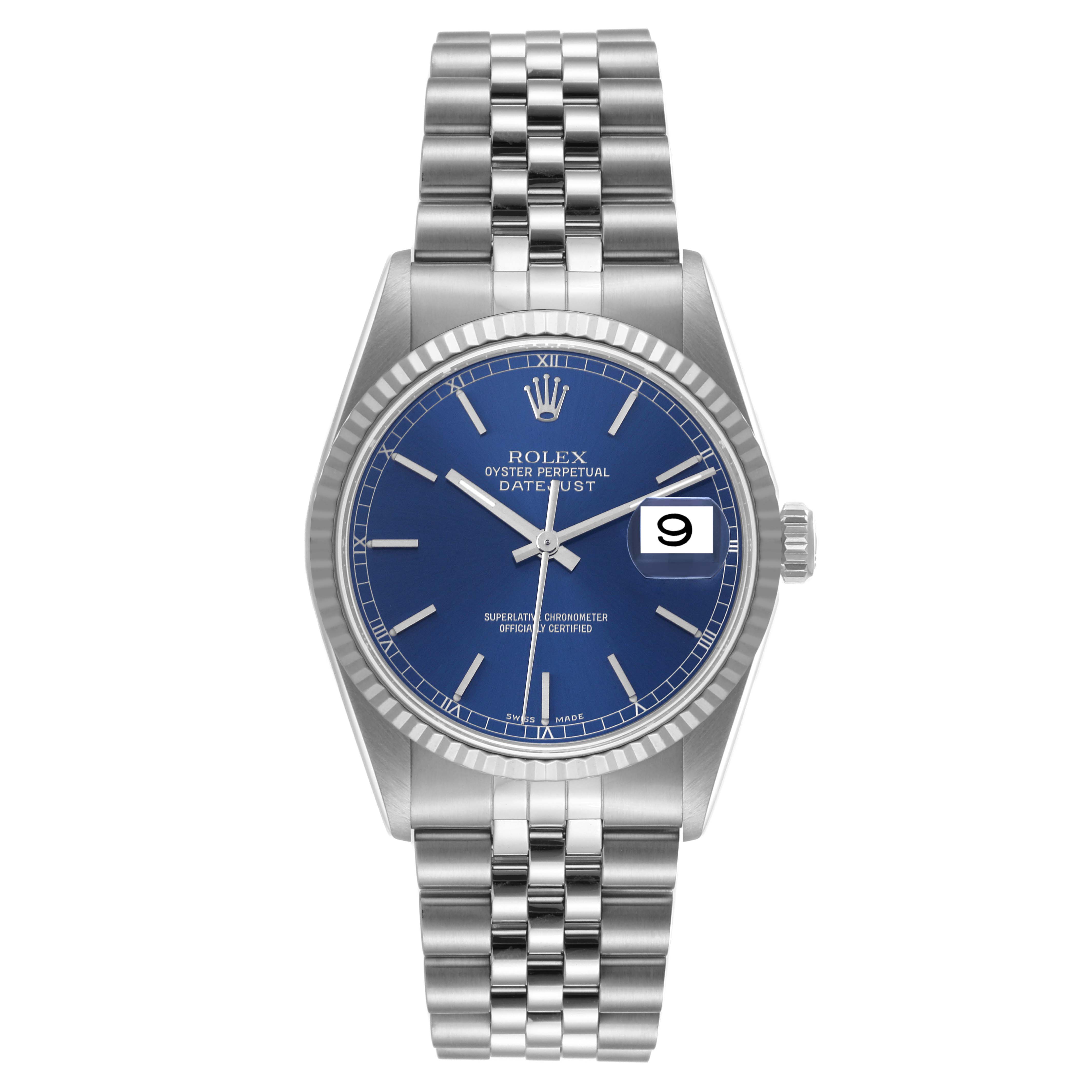 This image shows a front view of the Rolex Datejust 16234 Men's Stainless Steel Blue Dial 16234 Men's Stainless Steel Blue Dial watch, highlighting its blue dial and stainless steel bracelet.