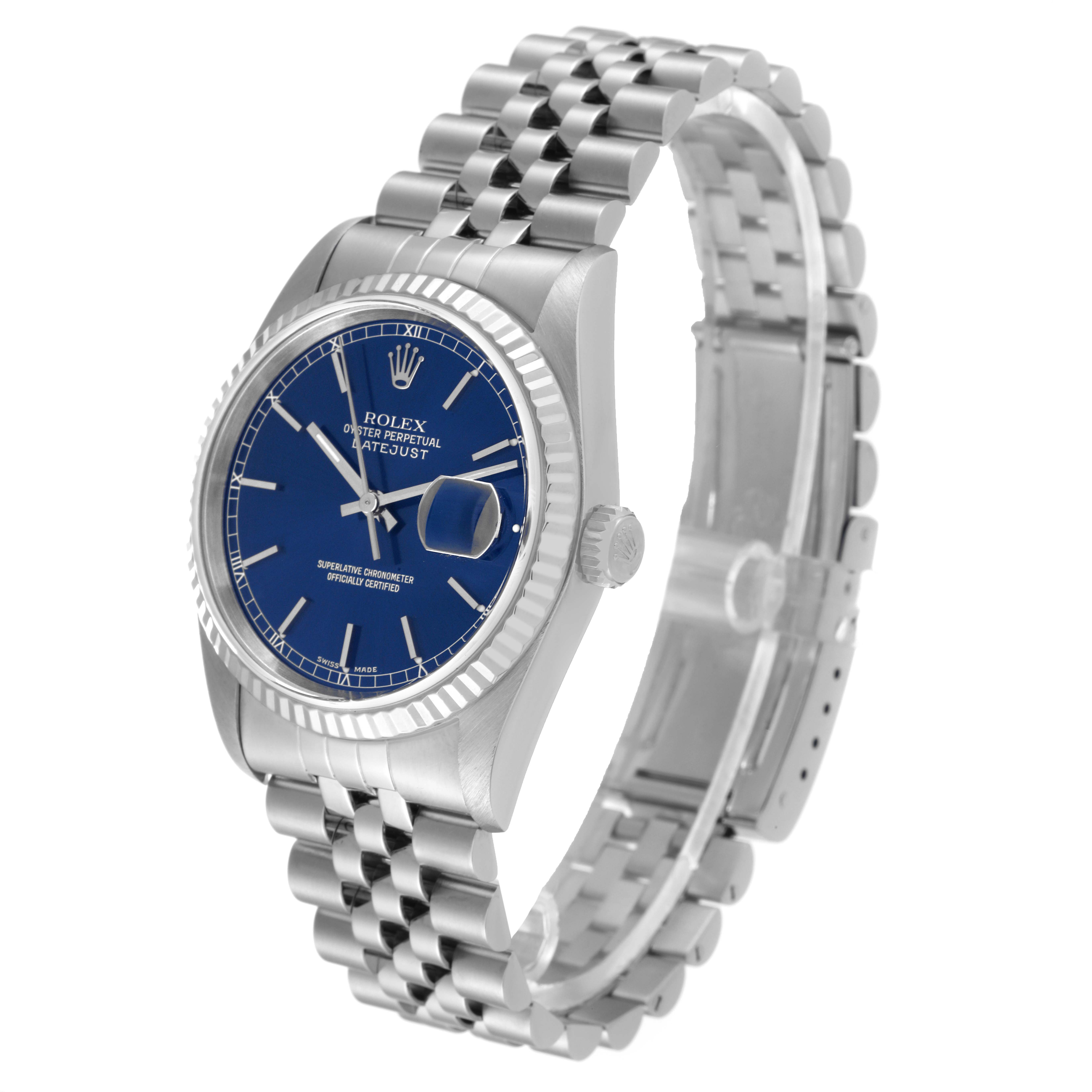 The image shows a Rolex Datejust 16234 Men's Stainless Steel Blue Dial 16234 Men's Stainless Steel Blue Dial watch, angled to display the full face, bezel, crown, and bracelet.