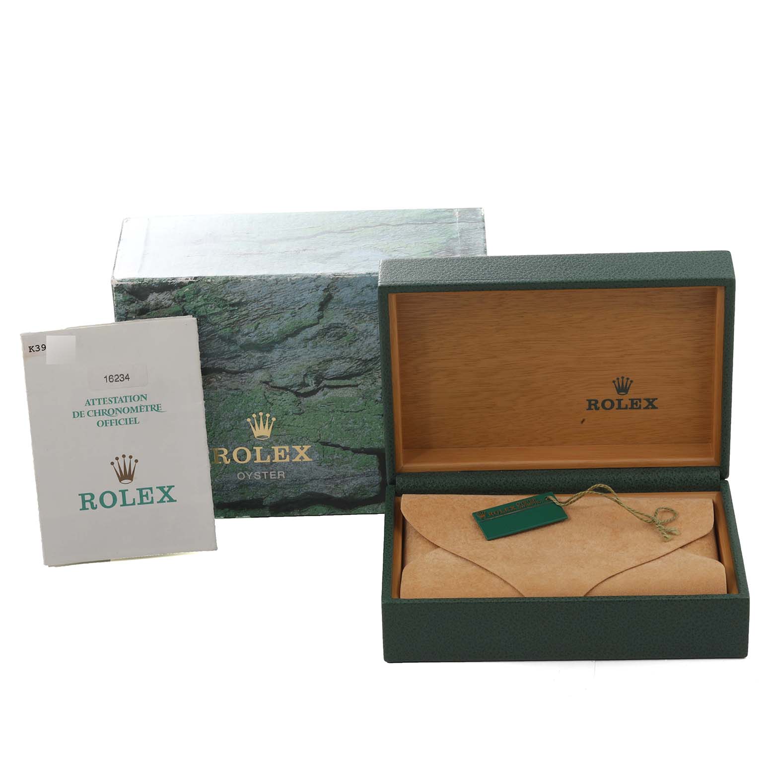 This image shows the packaging and authentication card for a Rolex Datejust 16234 Men's Stainless Steel Blue Dial 16234 Men's Stainless Steel Blue Dial watch.