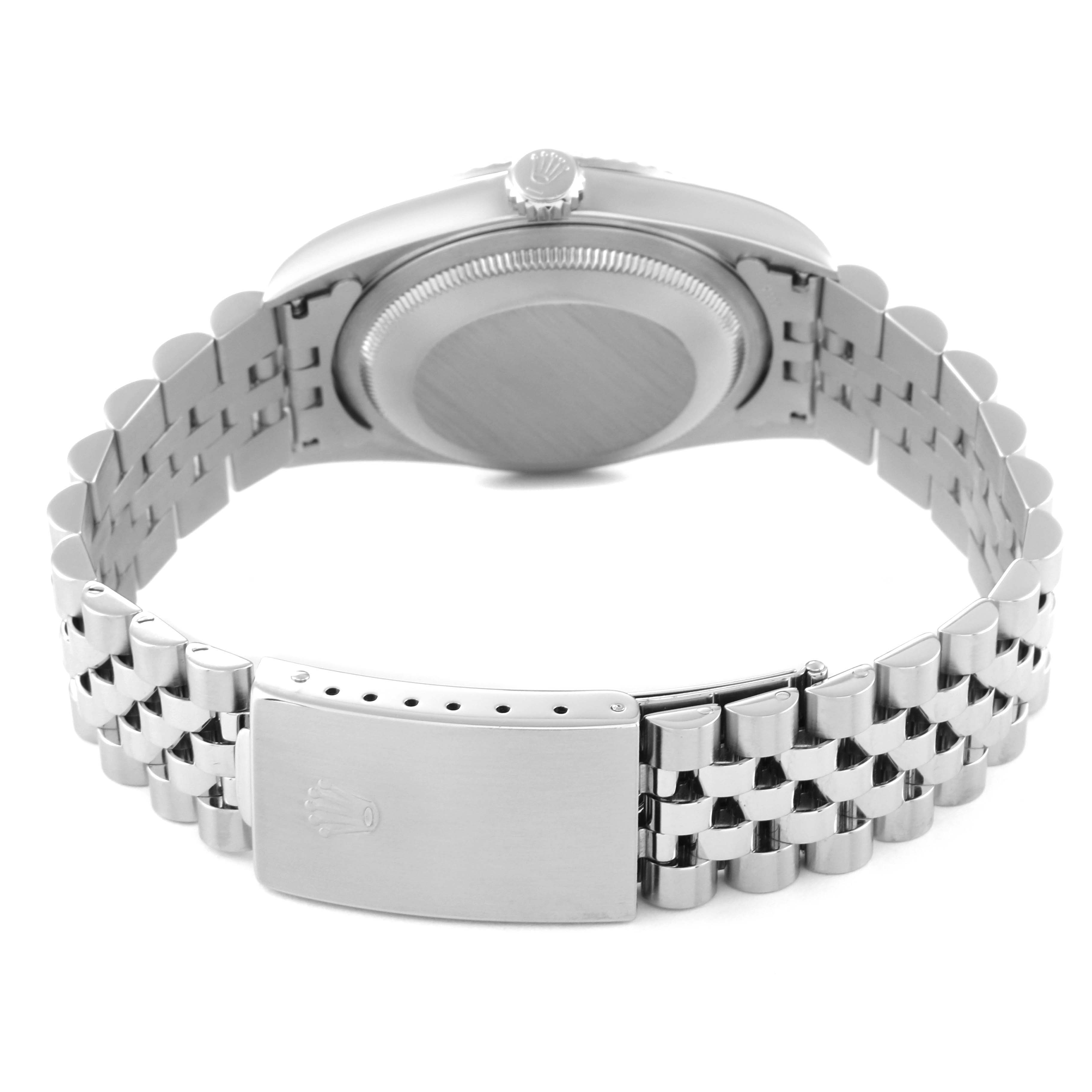 This image shows the back view of the Rolex Datejust 16234 Men's Stainless Steel Blue Dial 16234 Men's Stainless Steel Blue Dial watch, highlighting its stainless steel case back and bracelet.