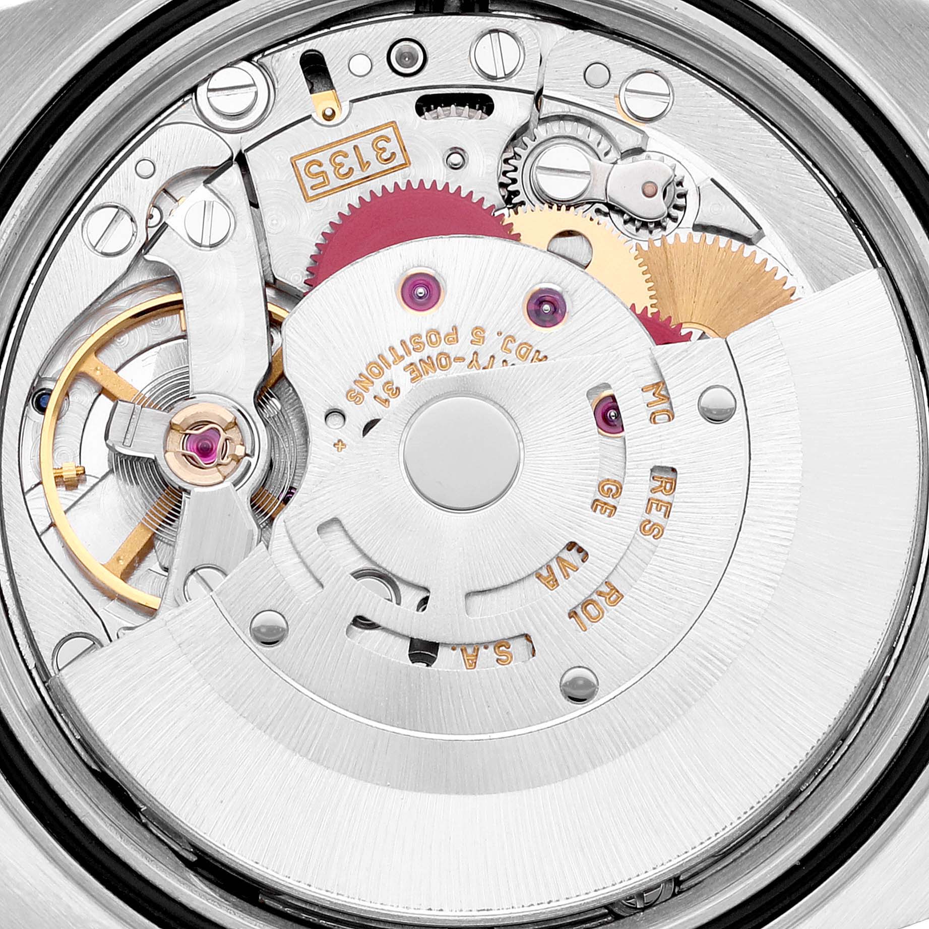 This image shows a close-up of the movement mechanism of a Rolex Datejust 16234 Men's Stainless Steel Blue Dial 16234 Men's Stainless Steel Blue Dial watch.
