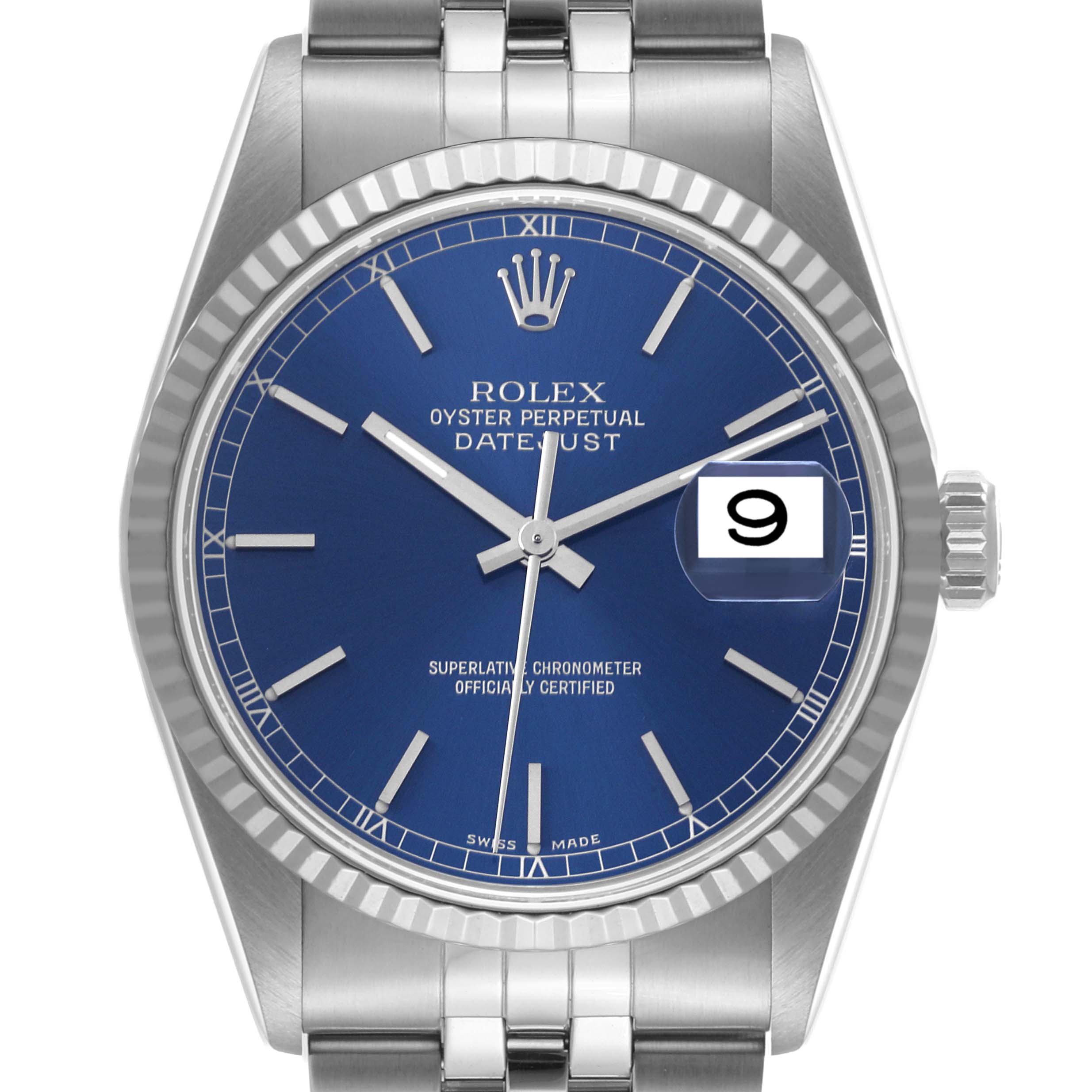 This image shows a front view of a Rolex Datejust 16234 Men's Stainless Steel Blue Dial 16234 Men's Stainless Steel Blue Dial watch with a blue dial and a date display.