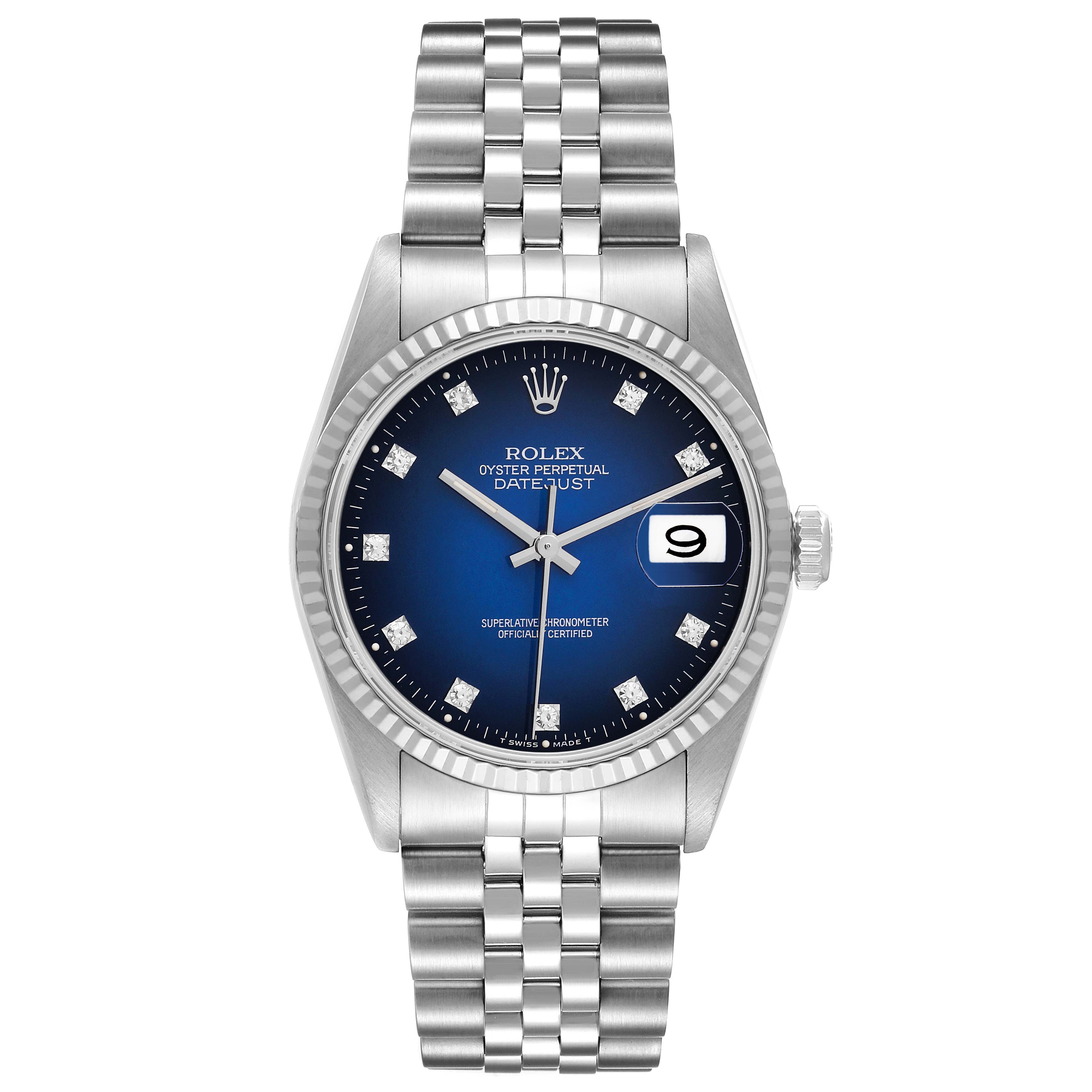 This image shows a frontal view of a Rolex Datejust 16234 Men's Stainless Steel Blue Dial 16234 Men's Stainless Steel Blue Dial model watch with a blue dial and a Jubilee bracelet.