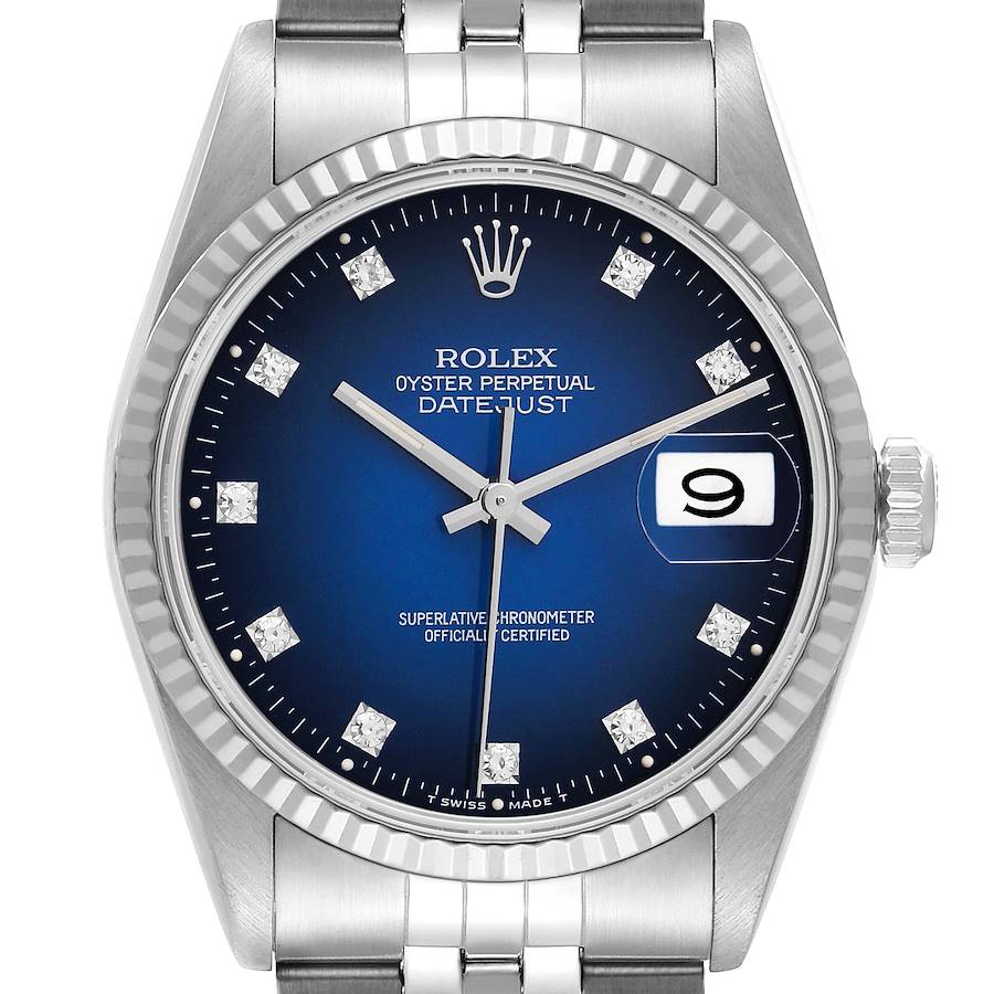 Rolex Datejust Steel White Gold Blue Vignette Diamond Dial Mens Watch 16234 SwissWatchExpo