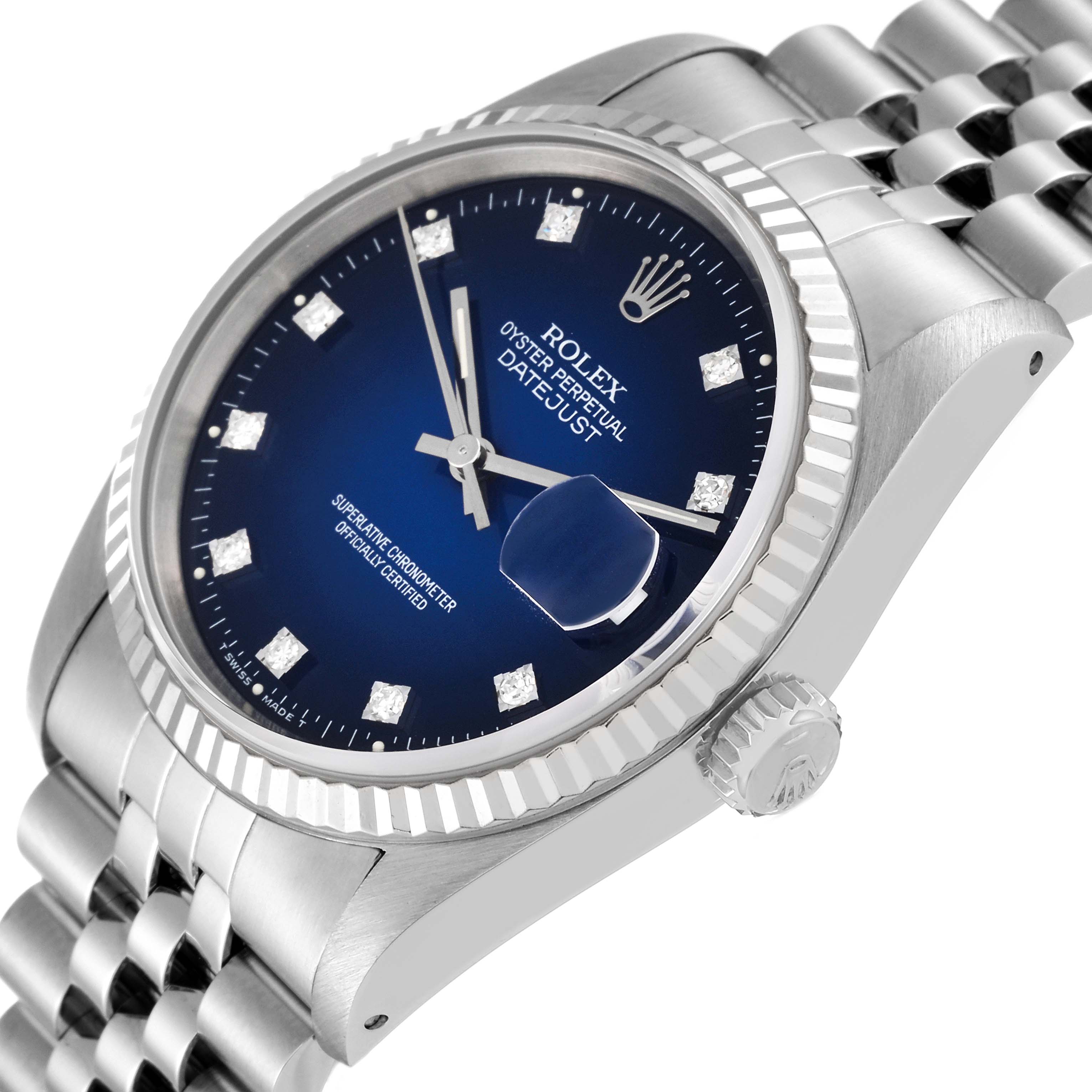 This image shows a side view of a Rolex Datejust 16234 Men's Stainless Steel Blue Dial 16234 Men's Stainless Steel Blue Dial, highlighting the blue dial, diamond hour markers, fluted bezel, and jubilee bracelet.