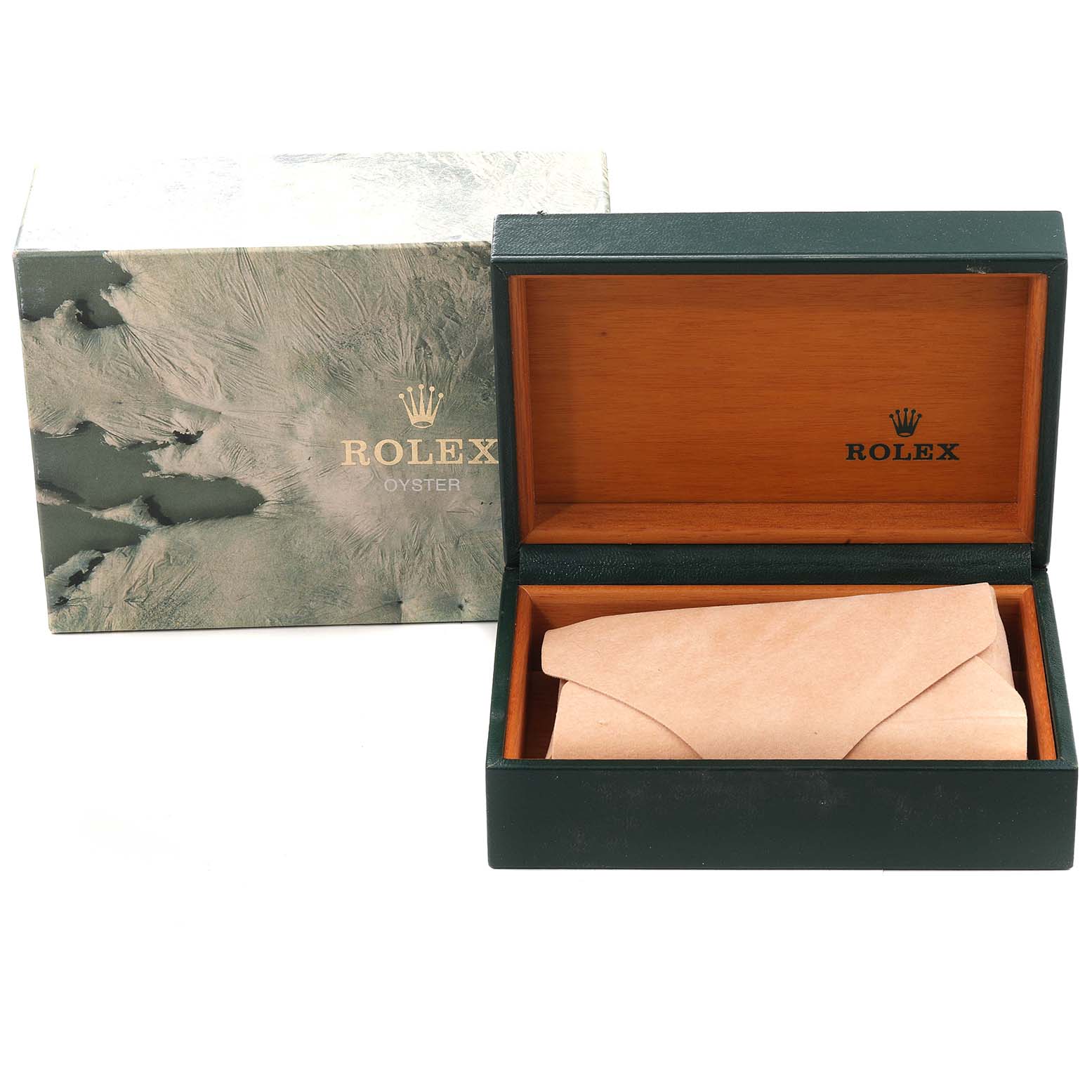 This image shows a Rolex Oyster watch box with inner padding, without the Datejust model watch.