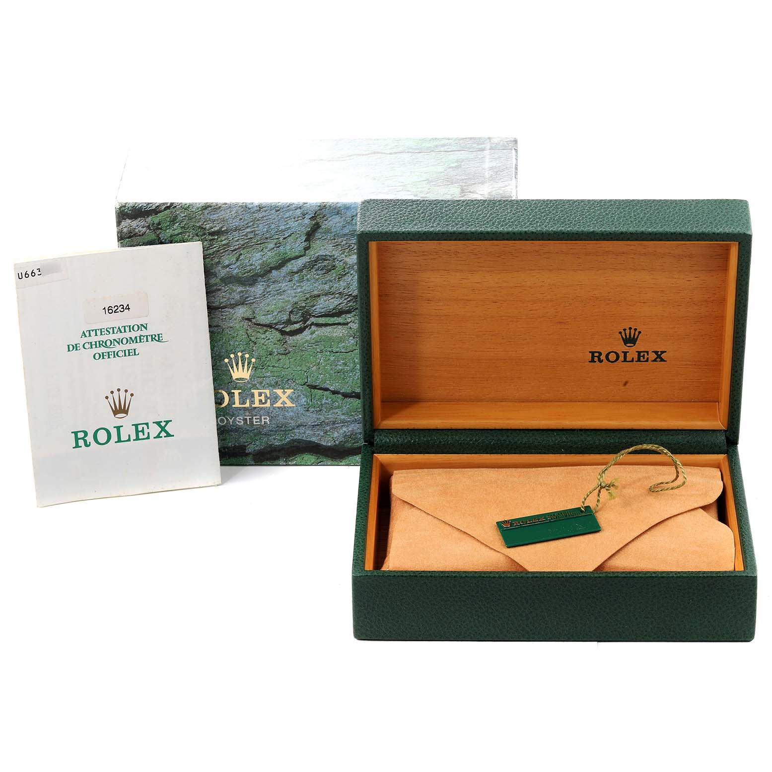 The image shows a Rolex Datejust 16234 Men's Stainless Steel Silver Dial 16234 Men's Stainless Steel Silver Dial watch box, an authentication booklet, and a tag from an angled view.