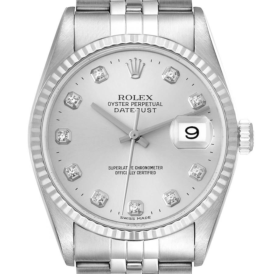 Rolex Datejust Steel White Gold Diamond Dial Mens Watch 16234 Box Papers SwissWatchExpo