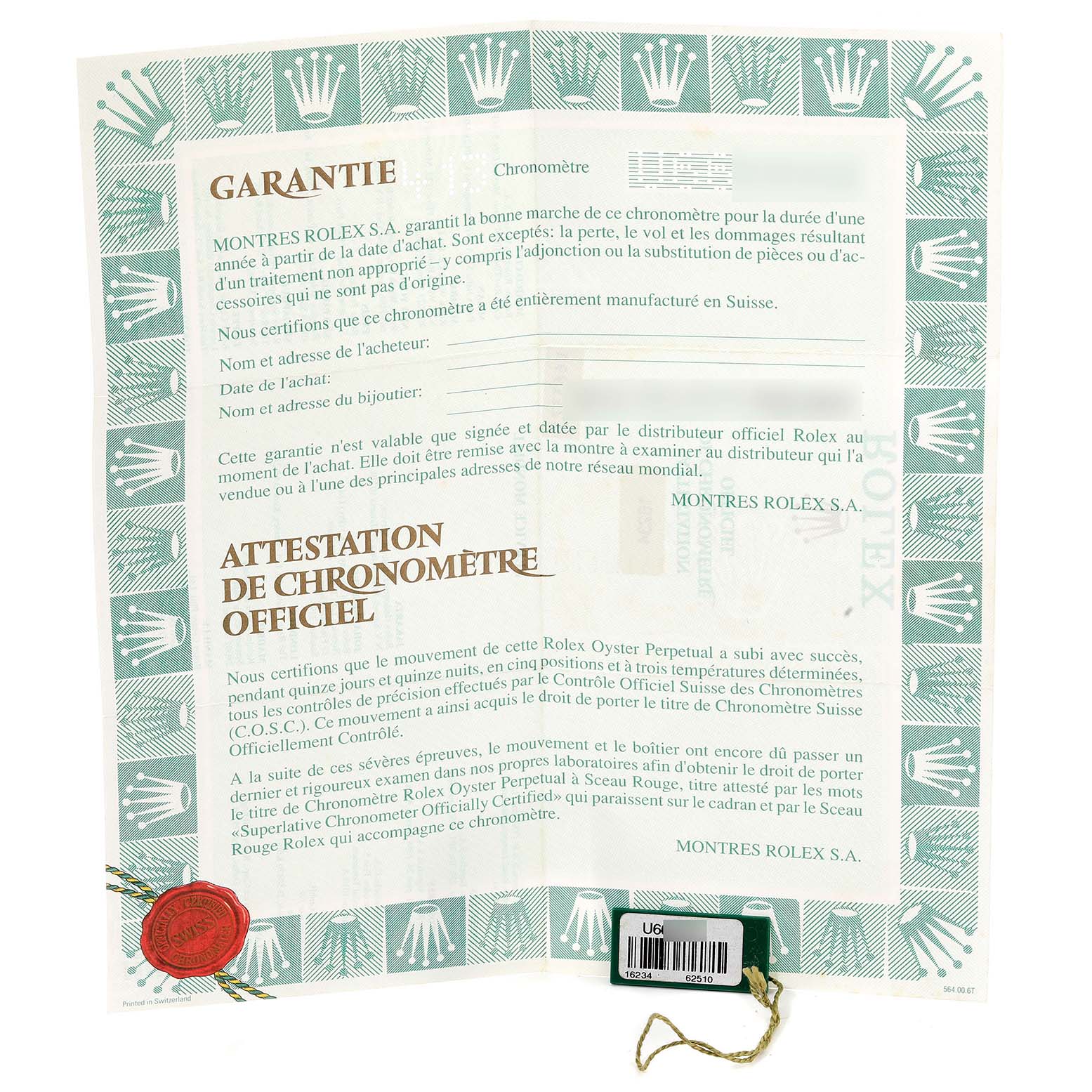 The image shows an official warranty and chronometer certification document for a Rolex Datejust 16234 Men's Stainless Steel Silver Dial 16234 Men's Stainless Steel Silver Dial watch.