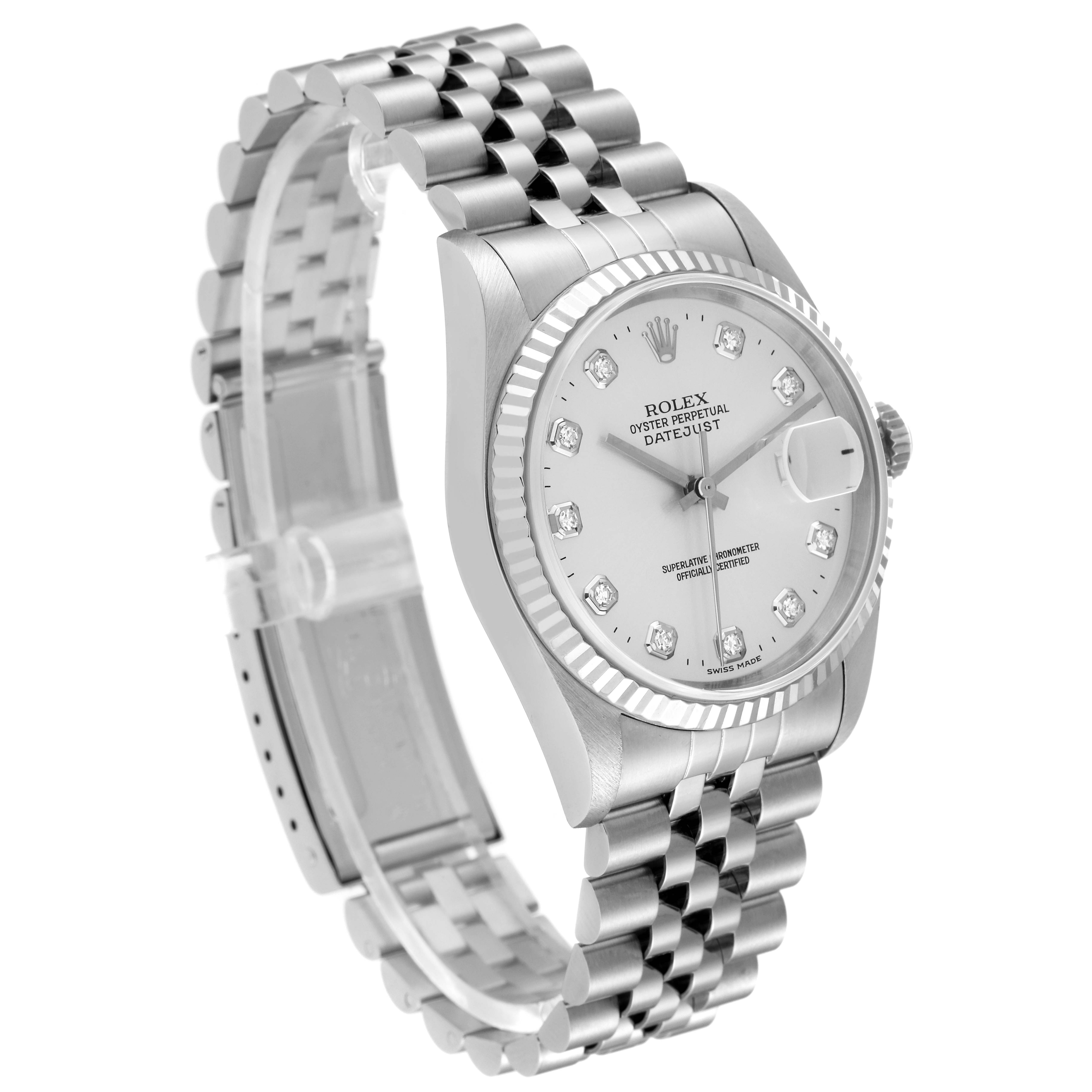 A Rolex Datejust 16234 Men's Stainless Steel Silver Dial 16234 Men's Stainless Steel Silver Dial watch is shown at a 45-degree angle, displaying the face, bezel, and bracelet.
