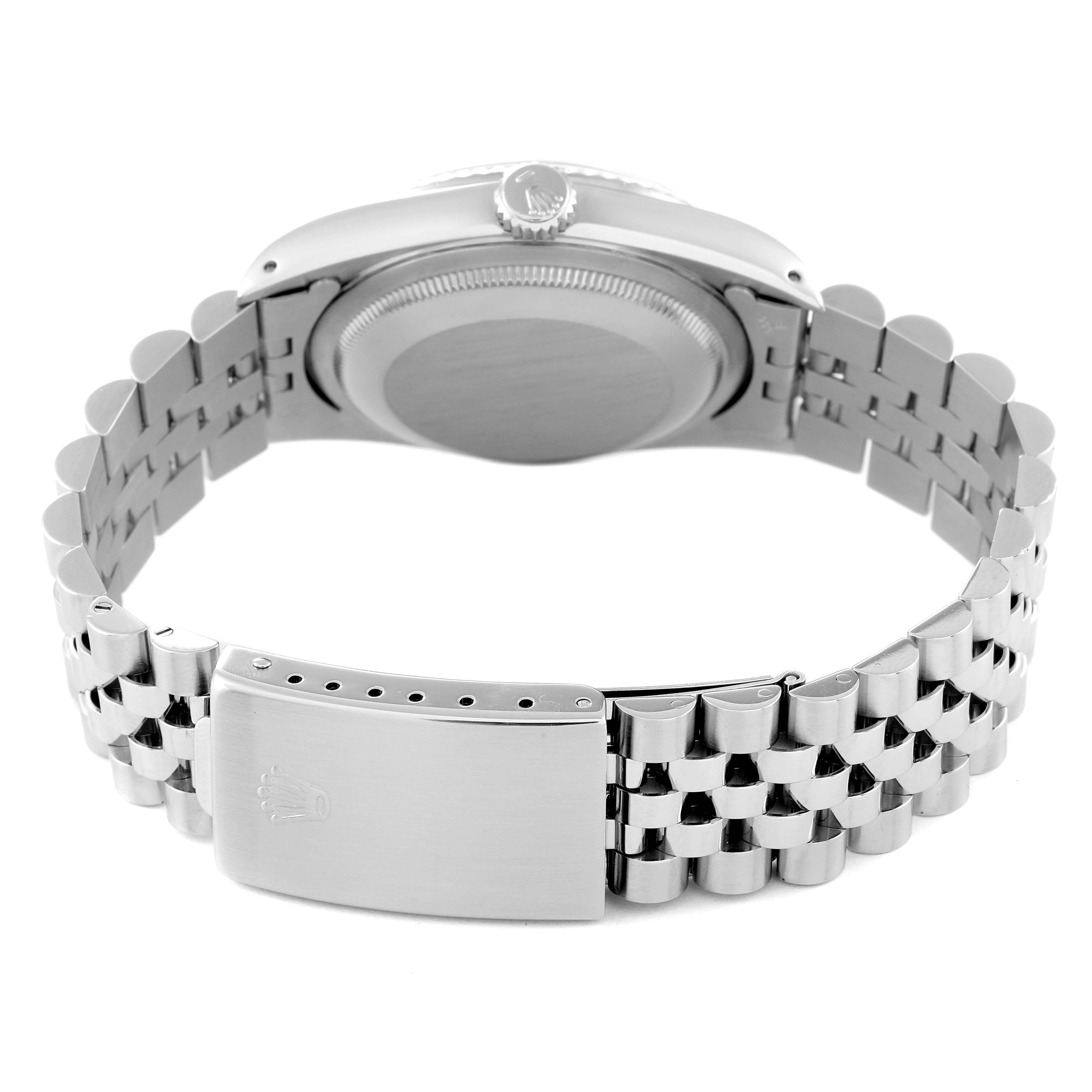 This image shows the back view of a Rolex Datejust 16234 Men's Stainless Steel Silver Dial 16234 Men's Stainless Steel Silver Dial watch, highlighting the case back and bracelet clasp.