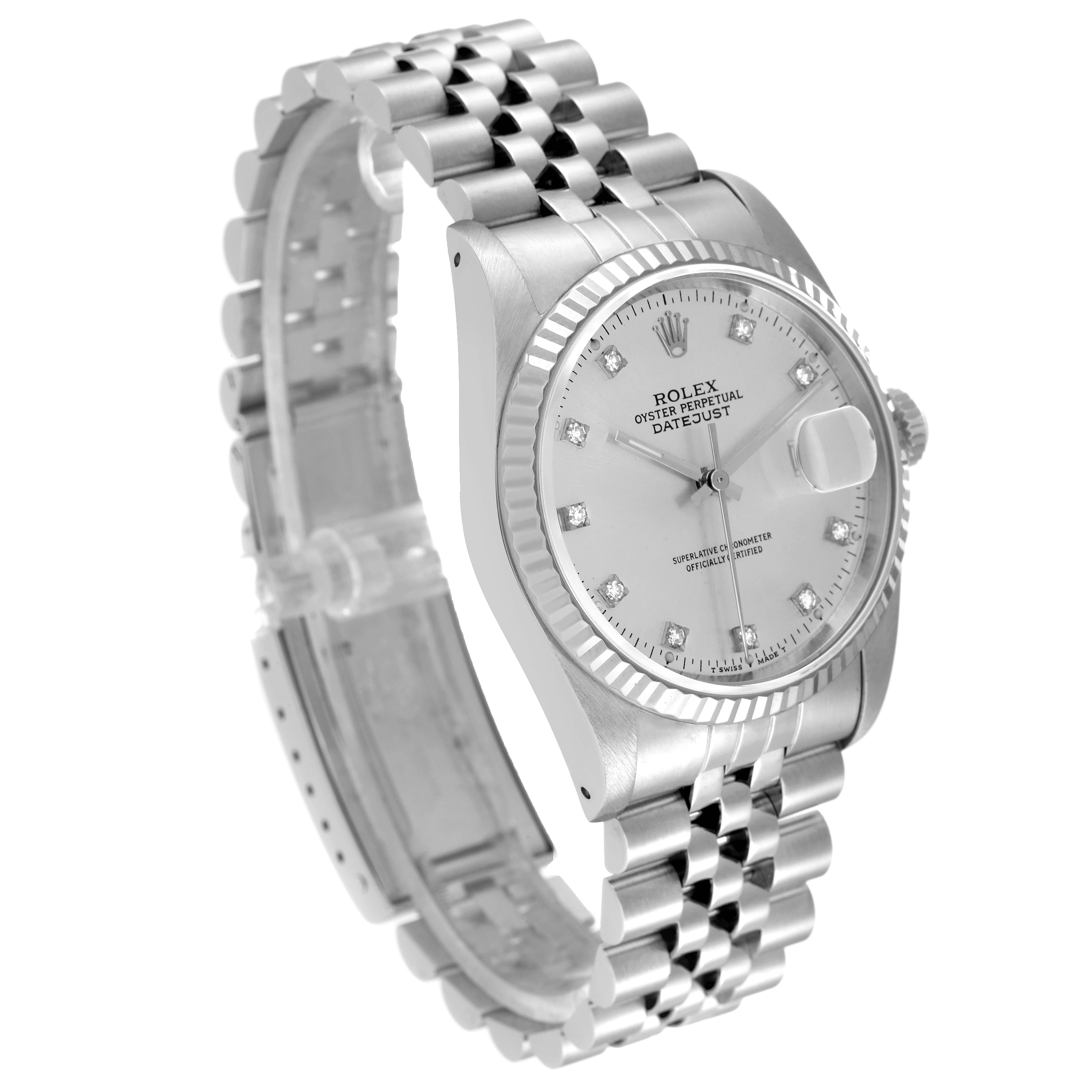 The Rolex Datejust 16234 Men's Stainless Steel Silver Dial 16234 Men's Stainless Steel Silver Dial watch is shown at a three-quarter angle, displaying its face, bezel, and Jubilee bracelet.