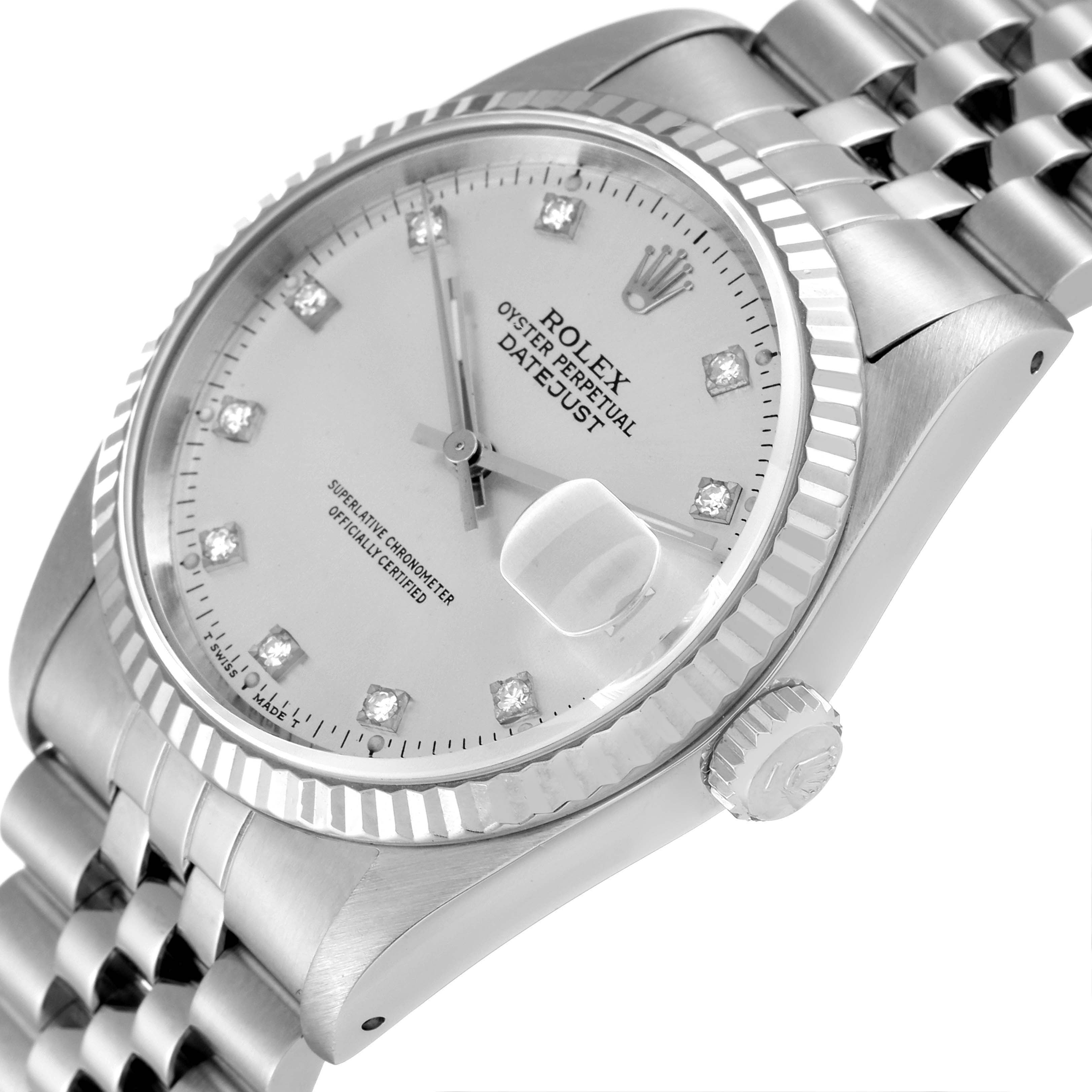 The image shows a side angle of a Rolex Datejust 16234 Men's Stainless Steel Silver Dial 16234 Men's Stainless Steel Silver Dial watch, highlighting the dial, bezel, and part of the bracelet.