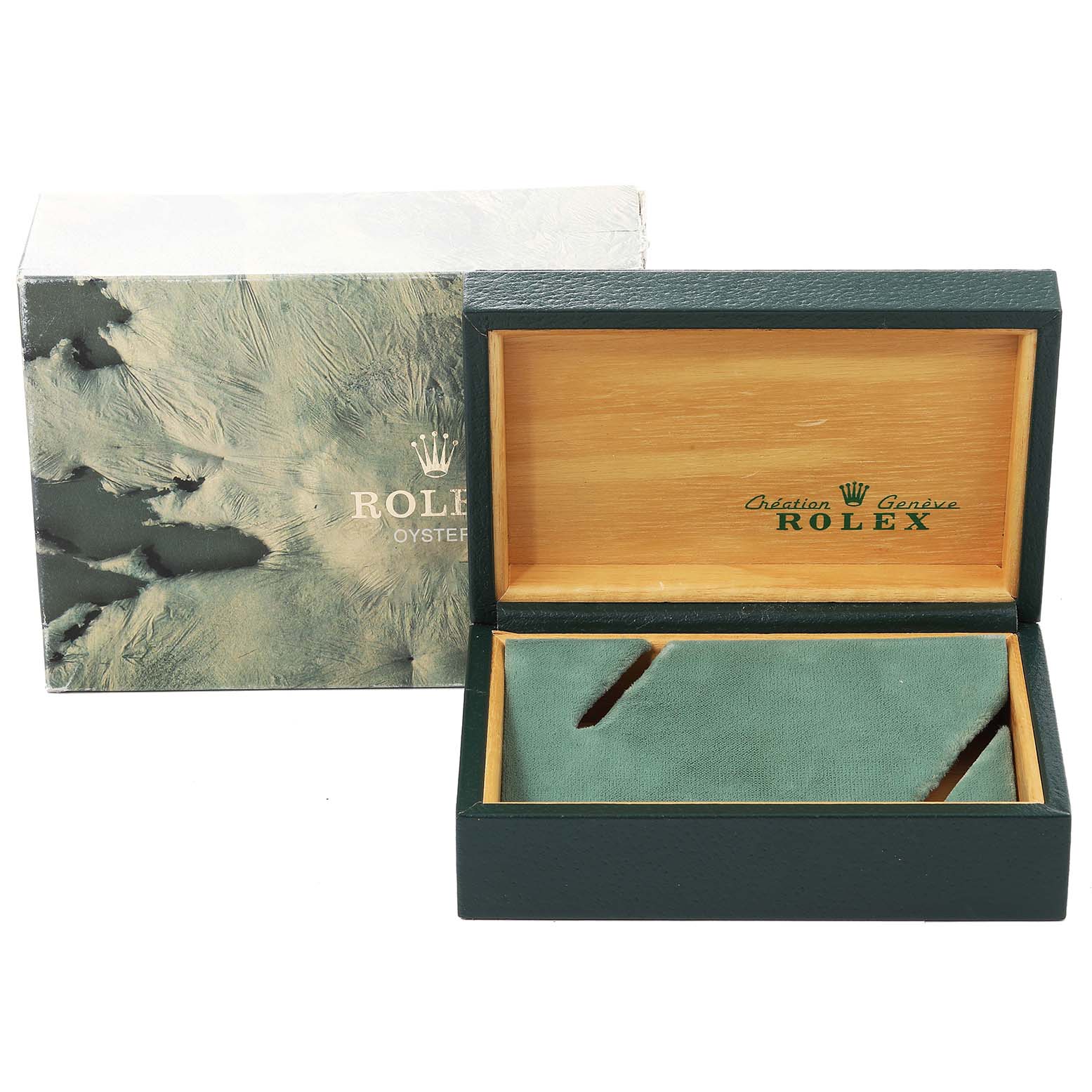 This image shows an empty green Rolex Datejust 16234 Men's Stainless Steel Silver Dial 16234 Men's Stainless Steel Silver Dial watch box and its outer packaging from a front angle.