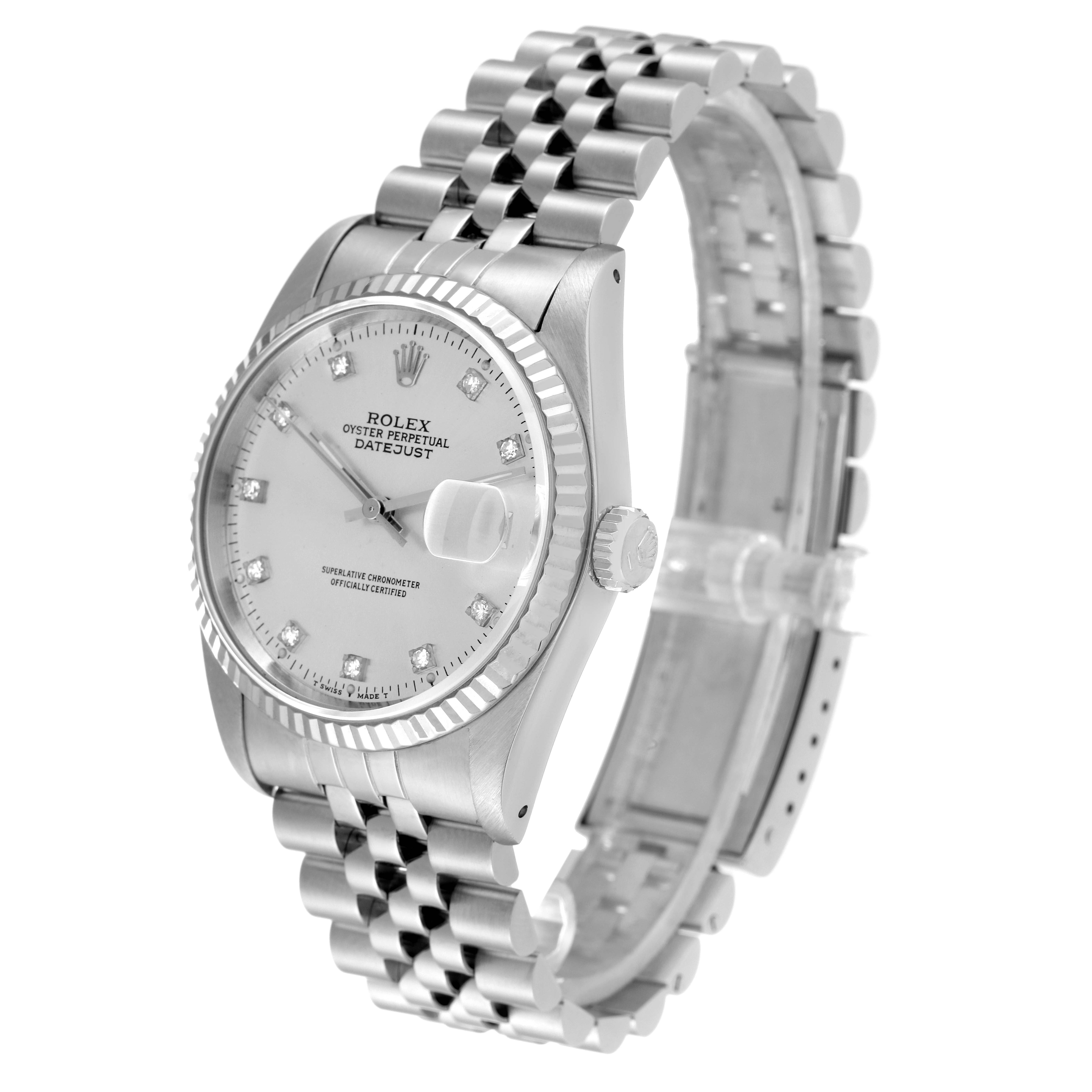 The image shows a Rolex Datejust 16234 Men's Stainless Steel Silver Dial 16234 Men's Stainless Steel Silver Dial watch at a front angled view, displaying the dial, bezel, crown, and Jubilee bracelet.
