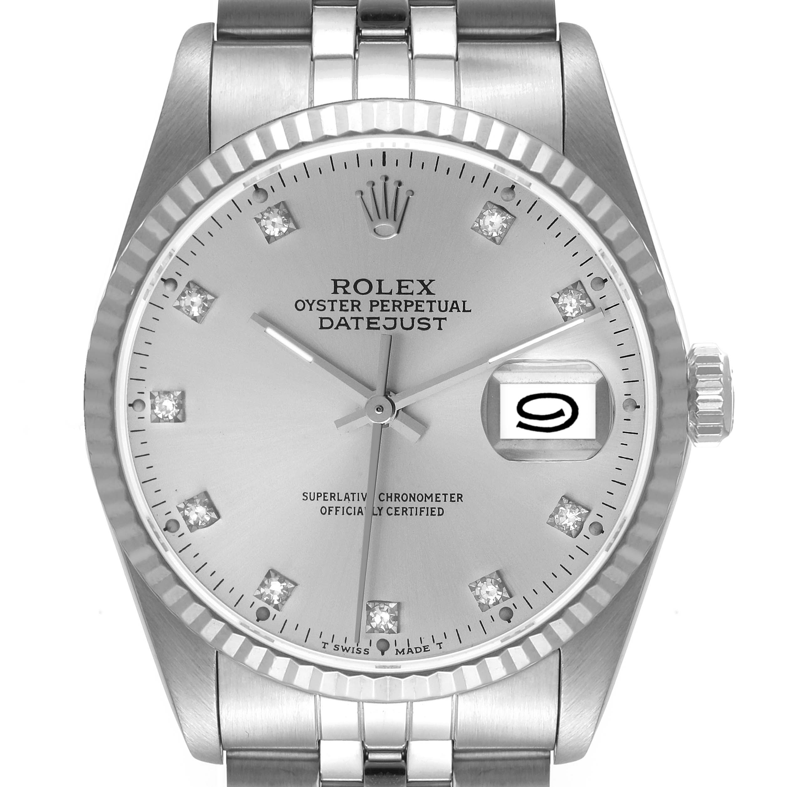 The image shows a front view of a Rolex Datejust 16234 Men's Stainless Steel Silver Dial 16234 Men's Stainless Steel Silver Dial watch with a silver dial and a date window at 3 o'clock.