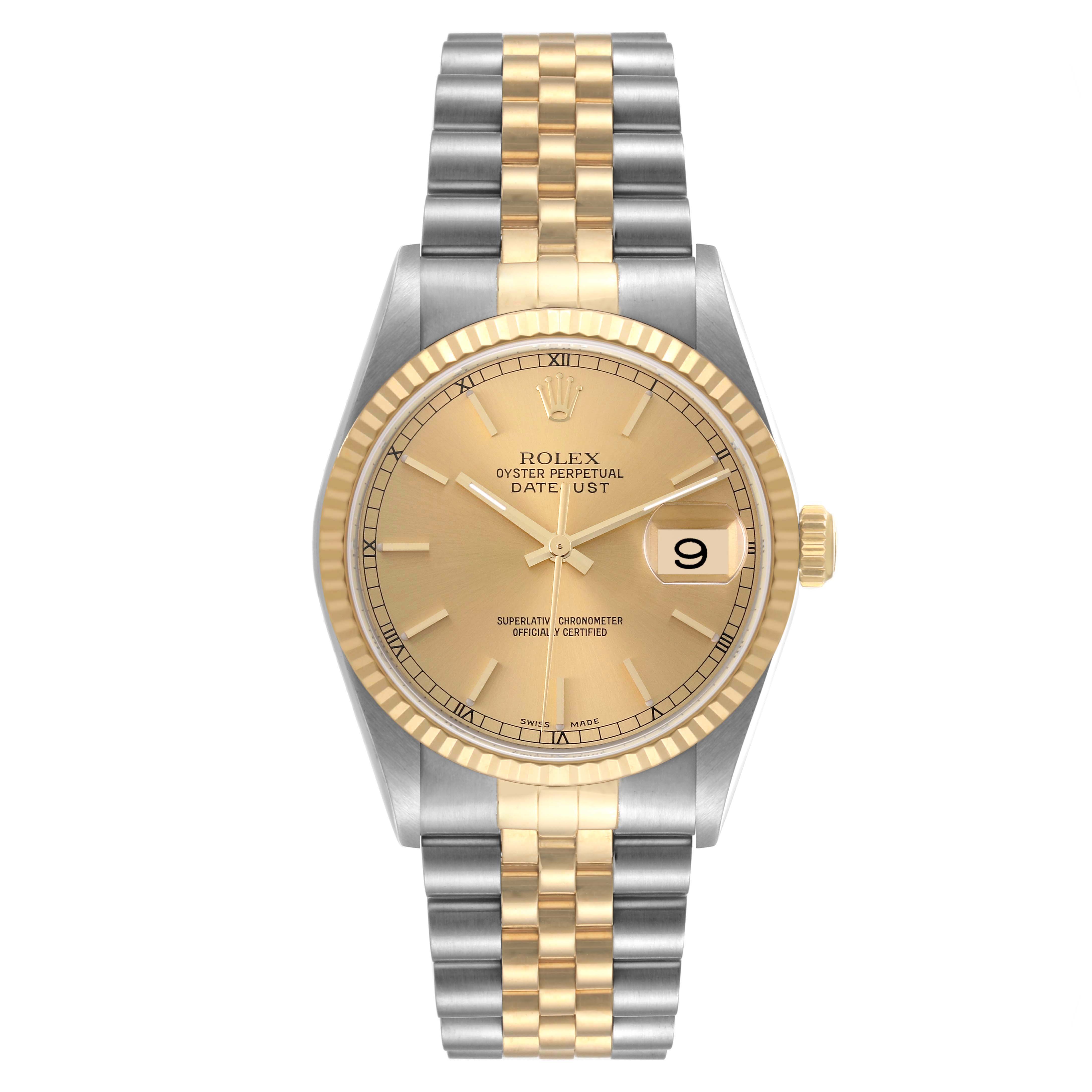 This image shows a frontal view of a Rolex Datejust 16233 Men's Steel and Gold (two tone) Champagne Dial 16233 Men's Steel and Gold (two tone) Champagne Dial watch, featuring its dial, bezel, crown, and bracelet.