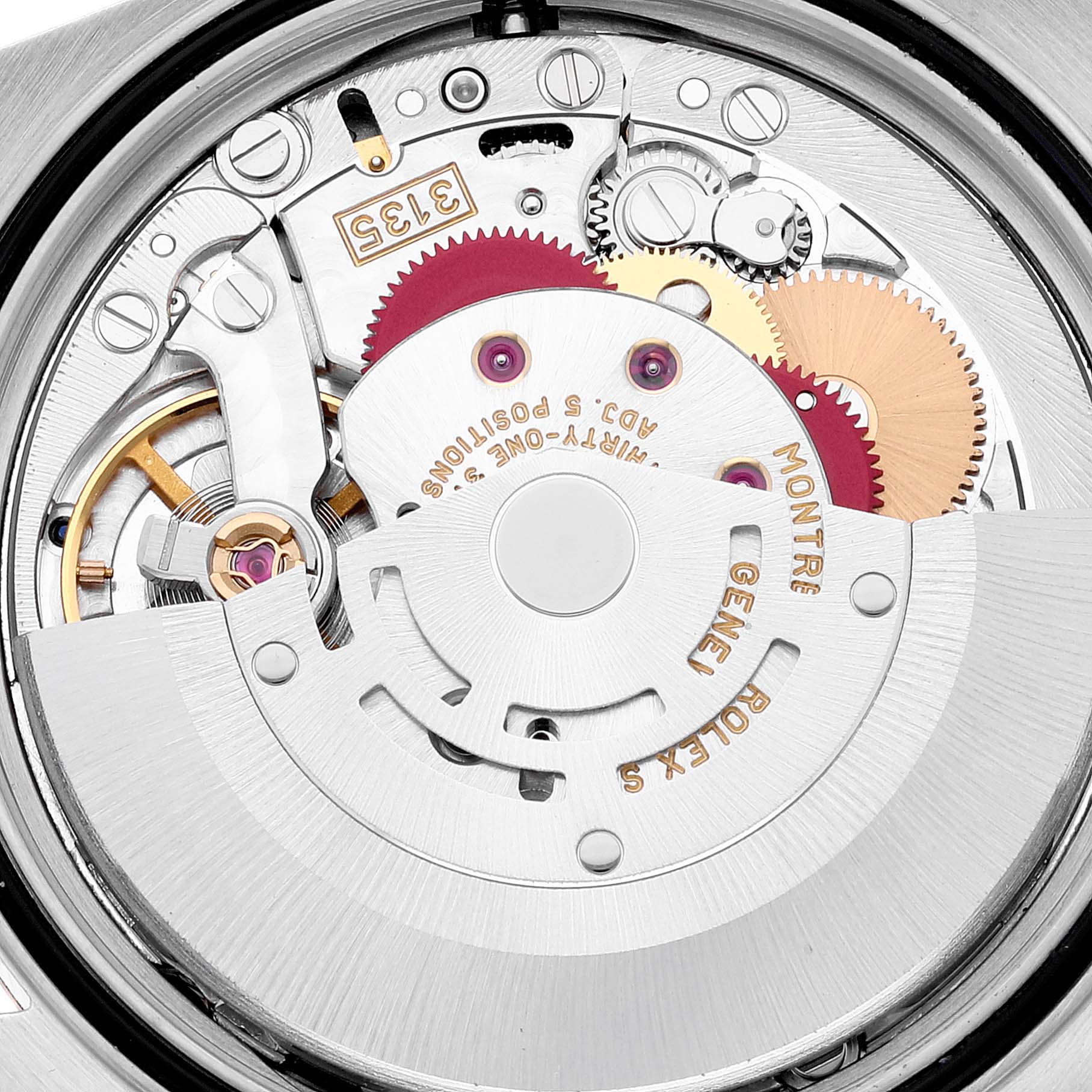 This is a close-up view of the internal mechanism of a Rolex Datejust 16233 Men's Steel and Gold (two tone) Champagne Dial 16233 Men's Steel and Gold (two tone) Champagne Dial watch, featuring gears and the movement components.