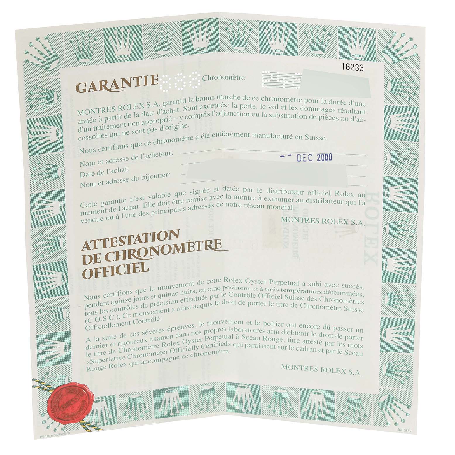 This image shows the official warranty card and chronometer certification for the Rolex Datejust 16233 Men's Steel and Gold (two tone) Champagne Dial 16233 Men's Steel and Gold (two tone) Champagne Dial model.