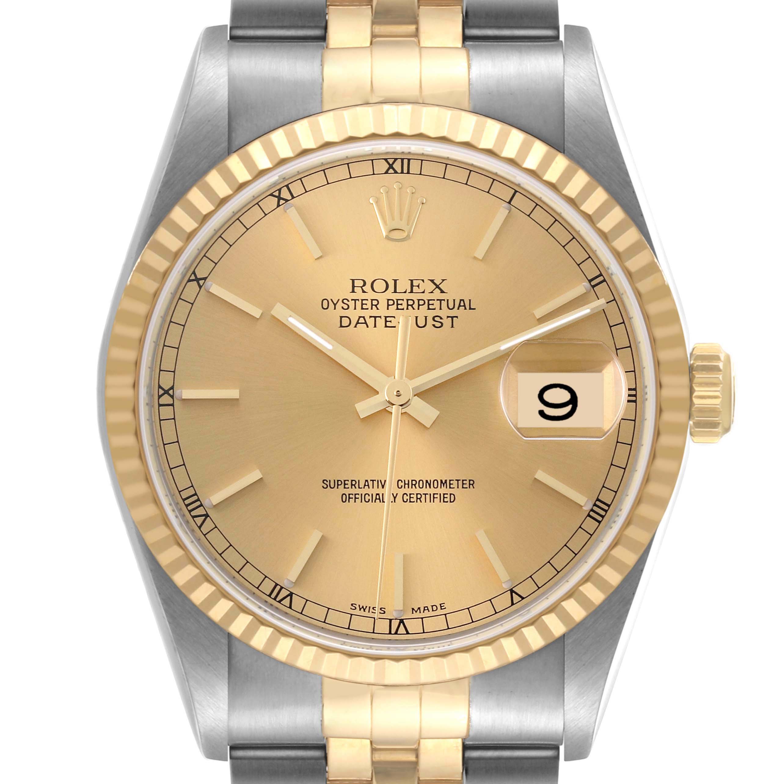 The image shows a close-up front view of the Rolex Datejust 16233 Men's Steel and Gold (two tone) Champagne Dial 16233 Men's Steel and Gold (two tone) Champagne Dial watch, highlighting its dial, bezel, and part of the bracelet.