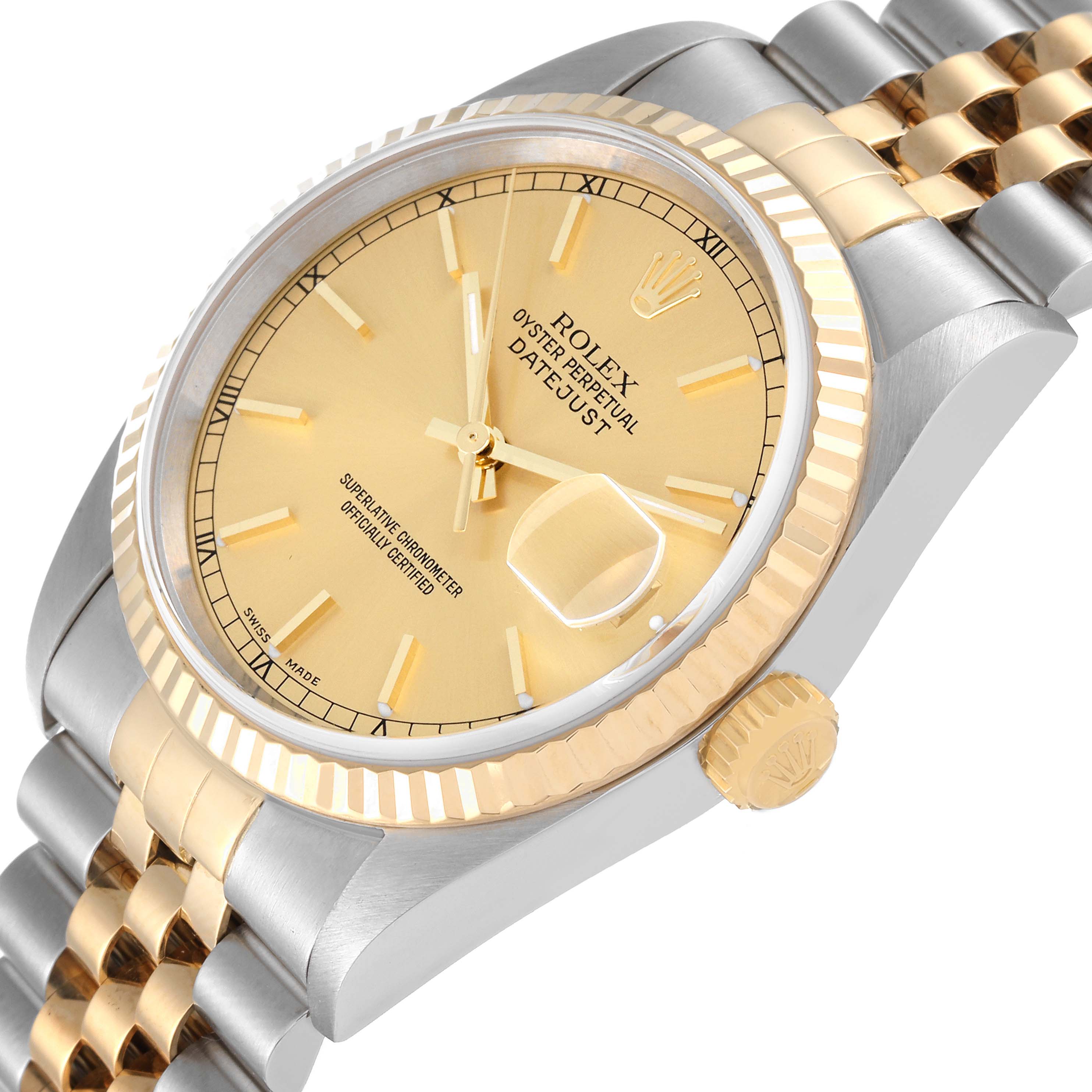 This image shows a side angle of the Rolex Datejust 16233 Men's Steel and Gold (two tone) Champagne Dial 16233 Men's Steel and Gold (two tone) Champagne Dial watch, displaying the dial, crown, and part of the bracelet.