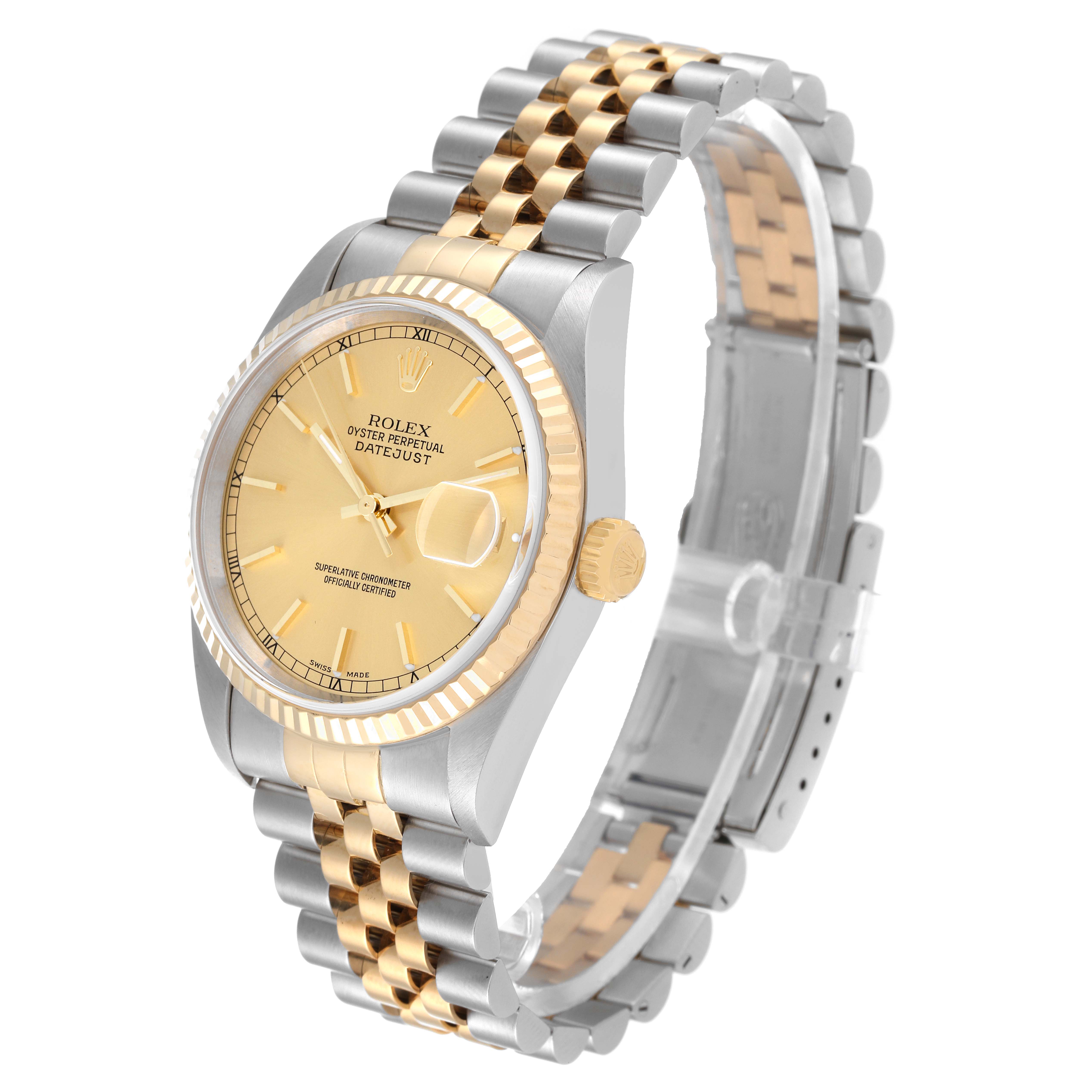 This image shows the Rolex Datejust 16233 Men's Steel and Gold (two tone) Champagne Dial 16233 Men's Steel and Gold (two tone) Champagne Dial watch at a three-quarter angle, highlighting the dial, bezel, crown, and bracelet.