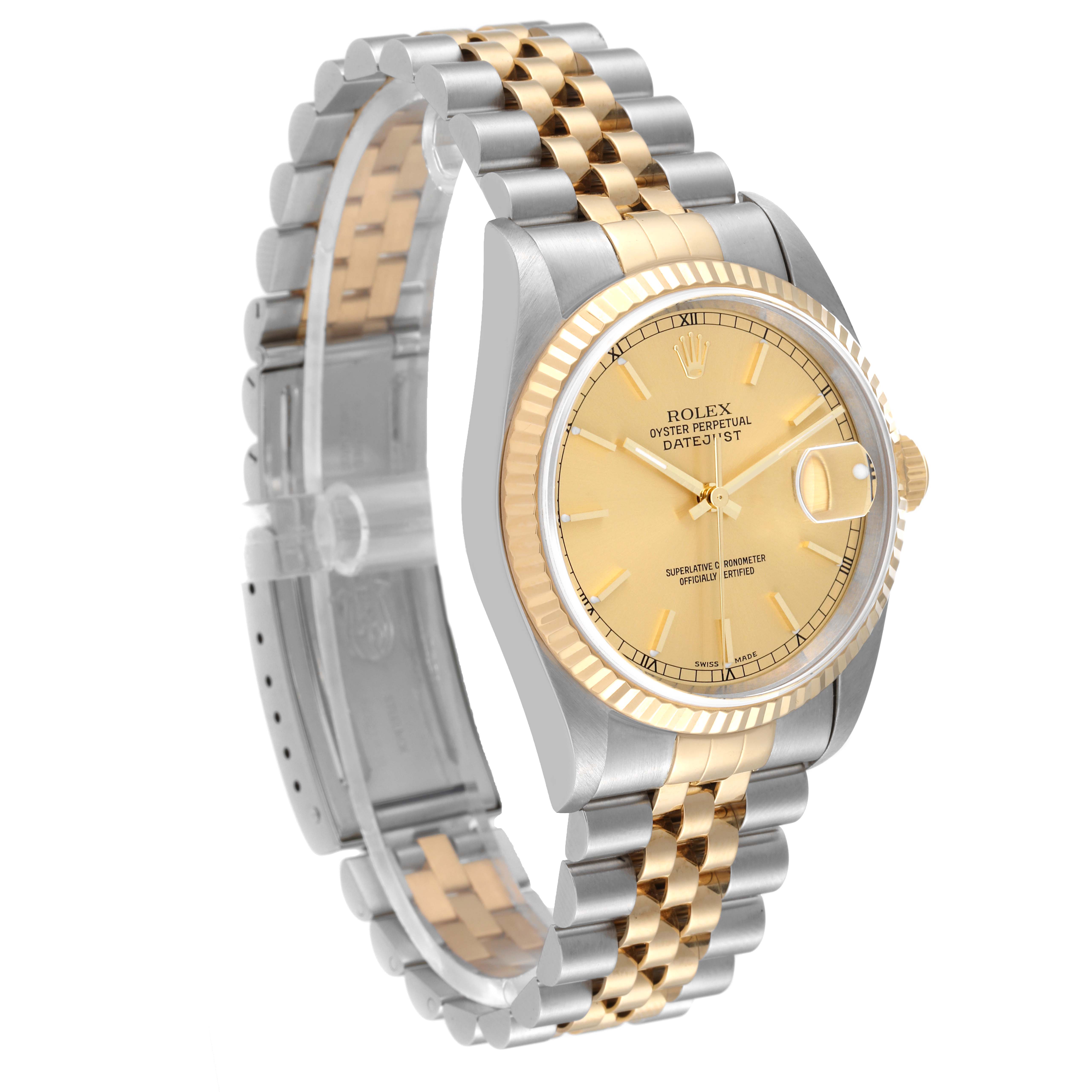 This image shows the Rolex Datejust 16233 Men's Steel and Gold (two tone) Champagne Dial 16233 Men's Steel and Gold (two tone) Champagne Dial watch from a front-side angle with its bracelet and face clearly visible.