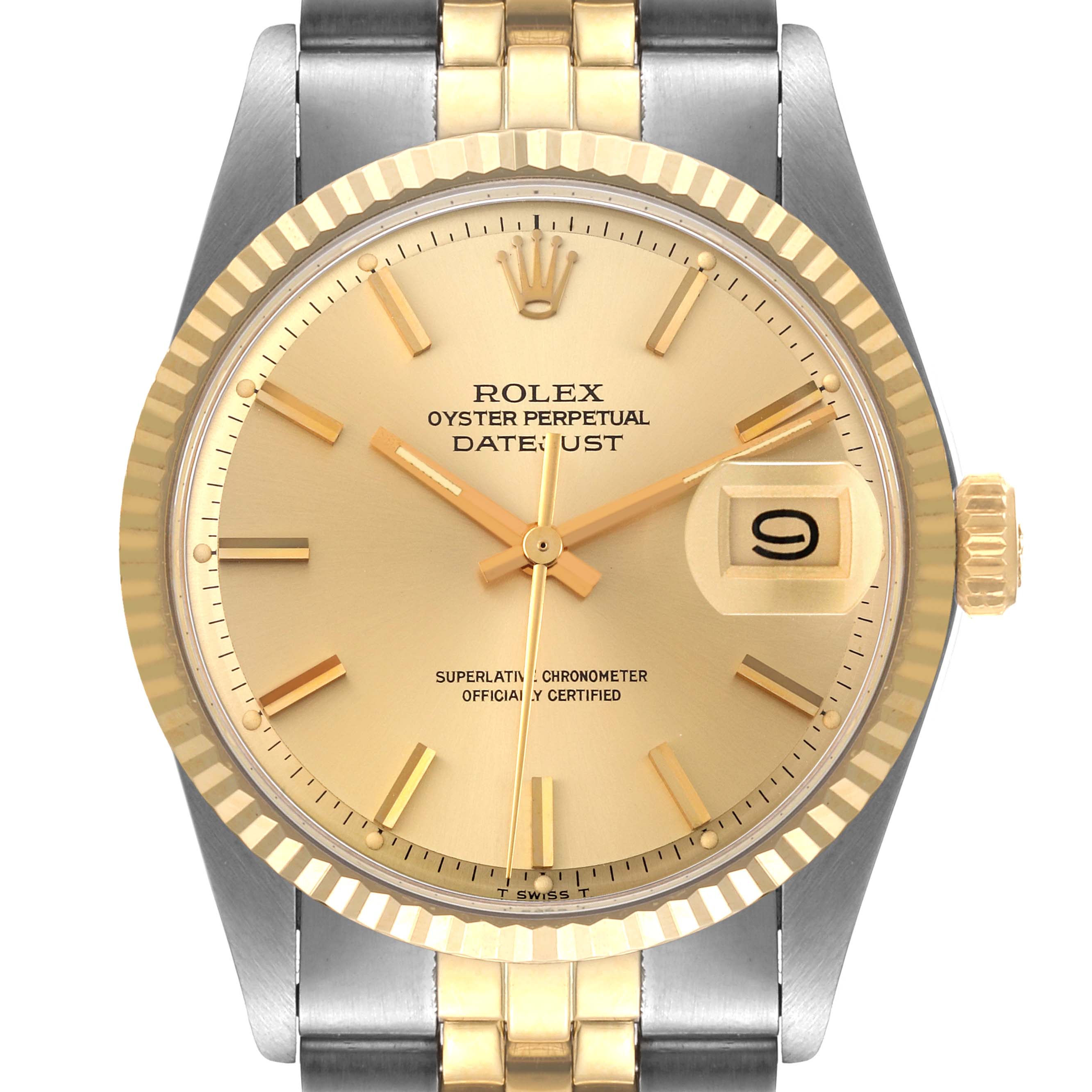 The image shows a front view of a Rolex Vintage Collection 1601 Men
s Steel and Gold (two tone) Champagne Dial 1601 Men
s Steel and Gold (two tone) Champagne Dial Datejust watch, featuring a gold dial, date display, and a two-tone bracelet.
