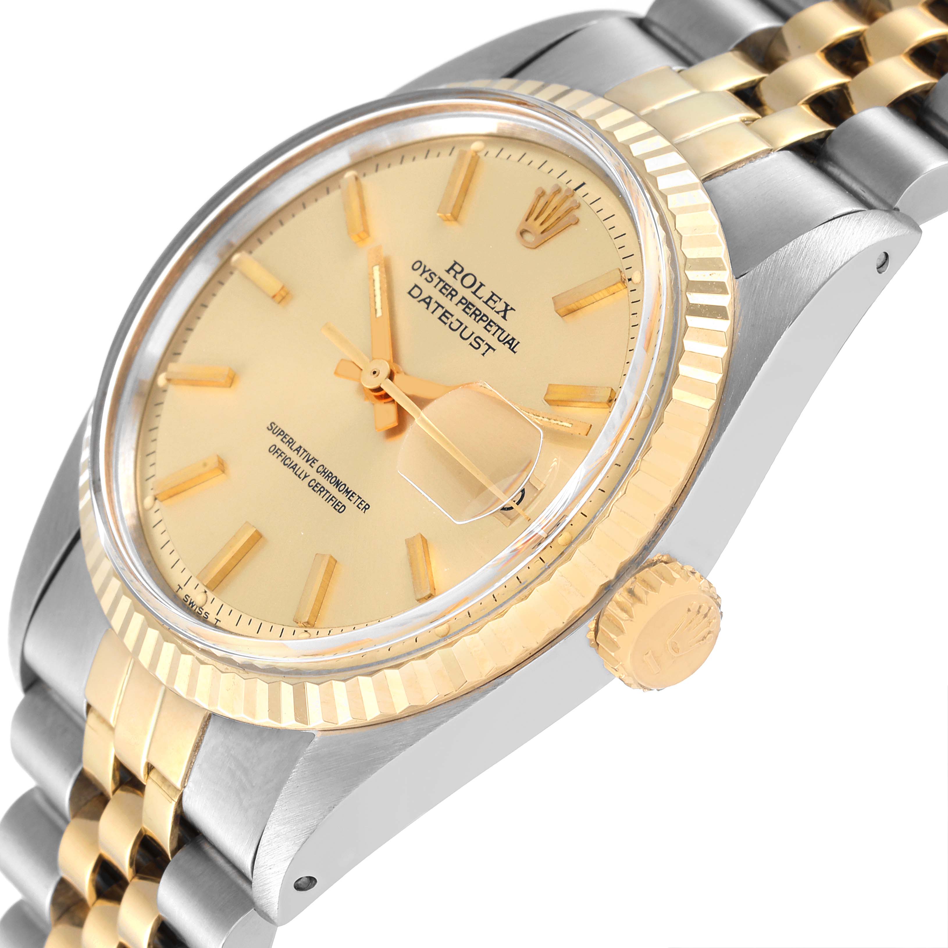 The image shows a close-up, angled view of the Rolex Vintage Collection 1601 Men
s Steel and Gold (two tone) Champagne Dial 1601 Men
s Steel and Gold (two tone) Champagne Dial model, highlighting the dial, bezel, and part of the bracelet.