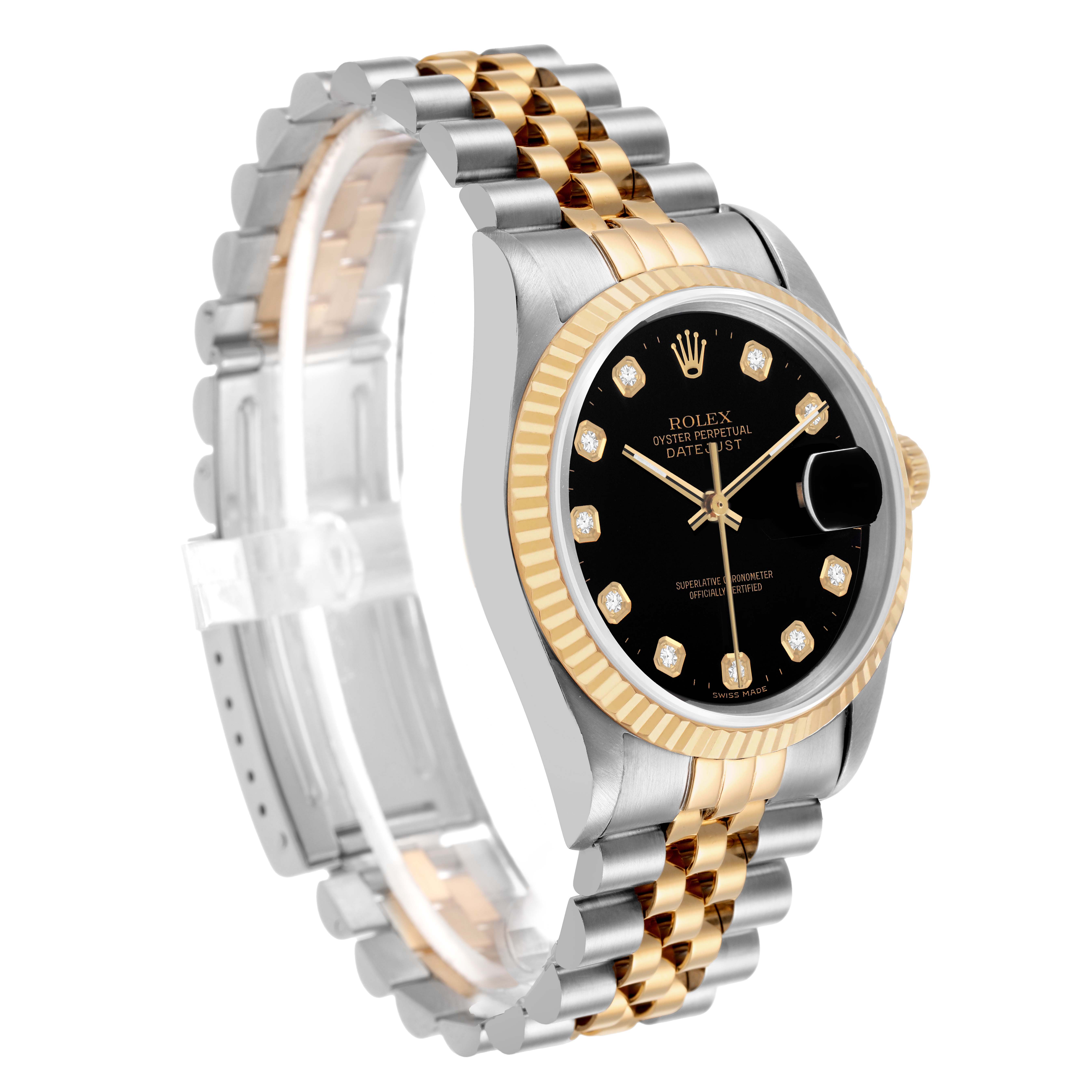 The Rolex Datejust 16233 Men's Stainless Steel Black Dial watch is shown at a three-quarter angle, highlighting the dial, bezel, and bracelet.