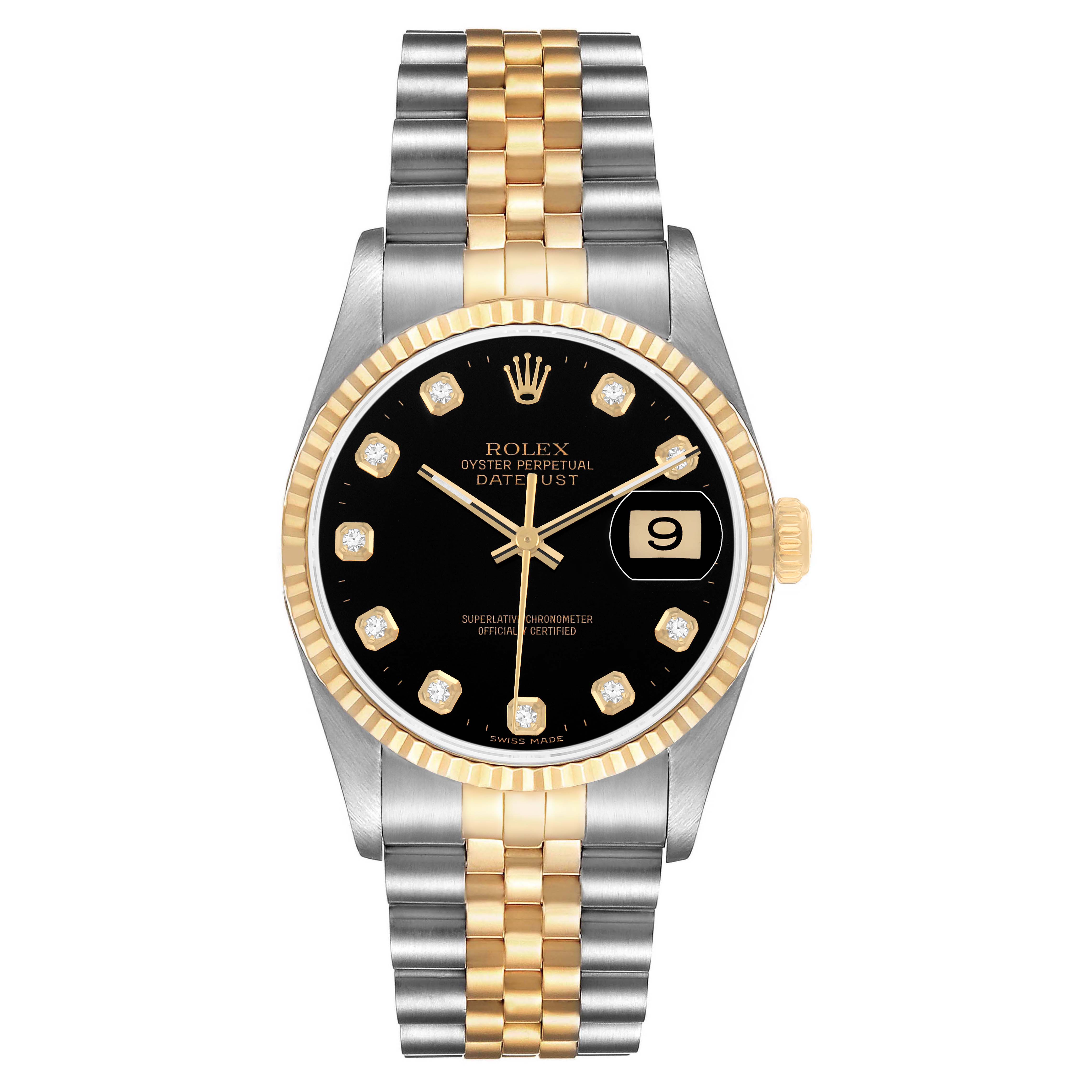 The Rolex Datejust 16233 Men's Stainless Steel Black Dial watch is shown from a front angle highlighting its black dial, two-tone bracelet, and fluted bezel.