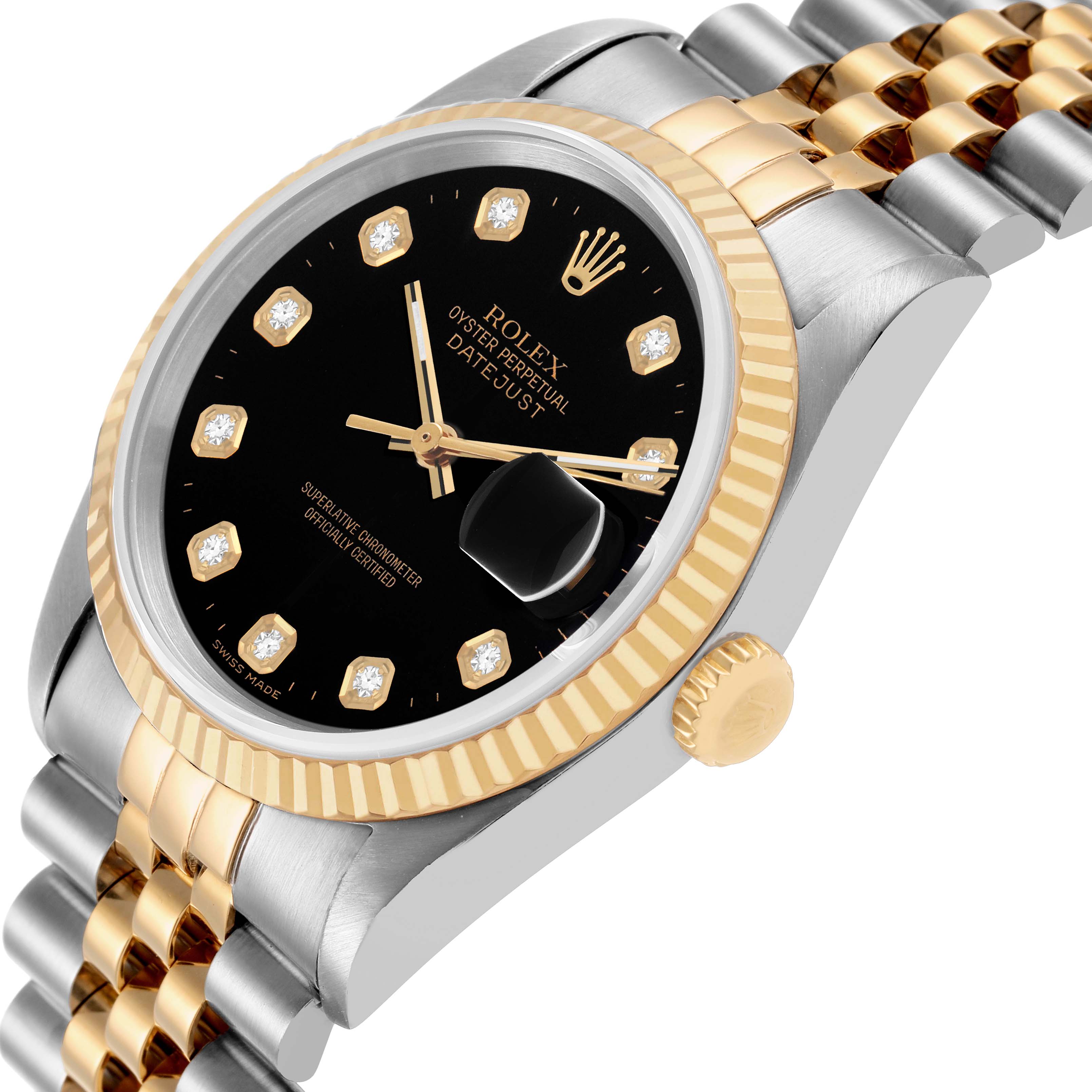 The Rolex Datejust 16233 Men's Stainless Steel Black Dial watch is shown at an angled close-up, highlighting the dial, bezel, crown, and bracelet.