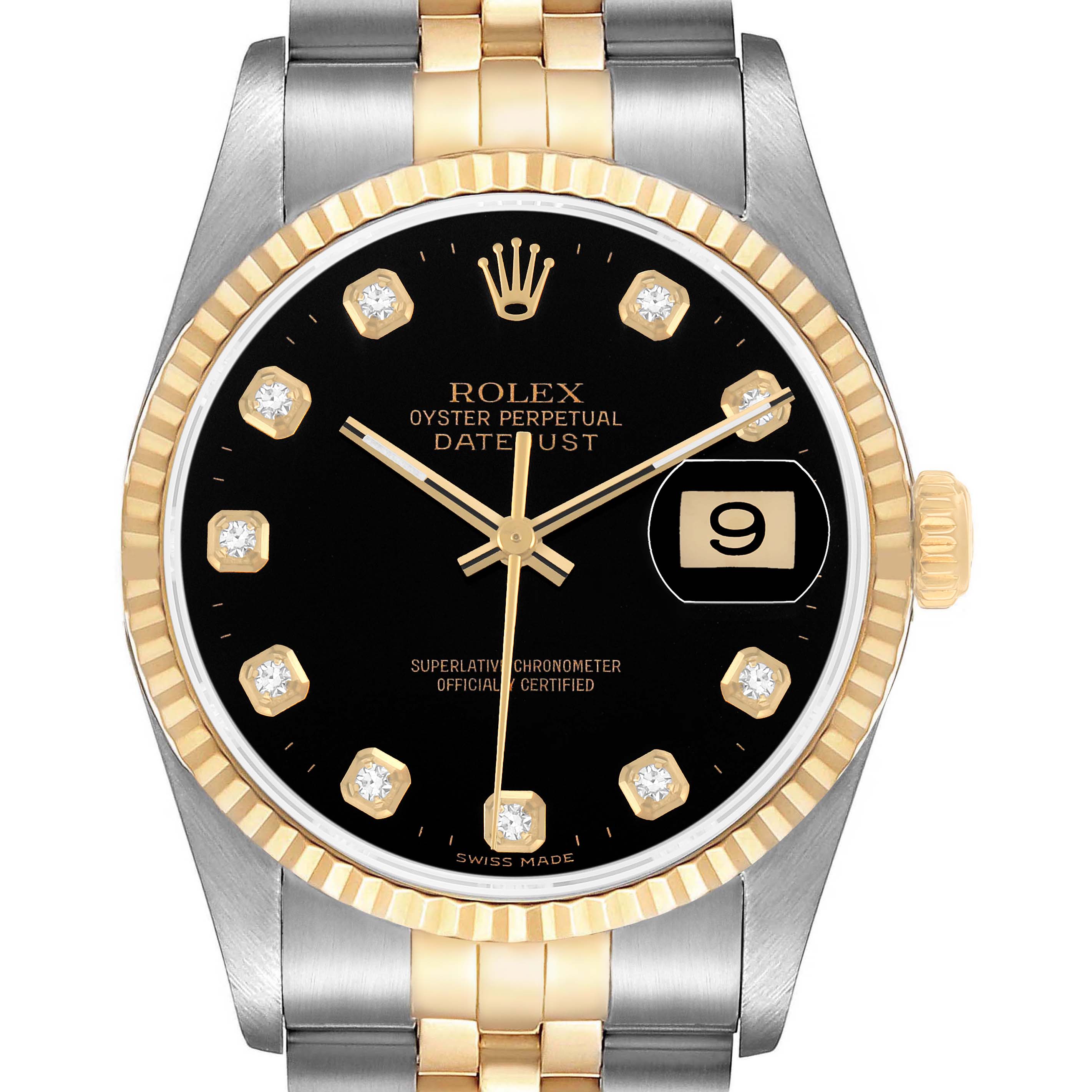 The Rolex Datejust 16233 Men's Stainless Steel Black Dial watch is shown from the front, highlighting its black dial, gold markers, two-tone Jubilee bracelet, and date feature.
