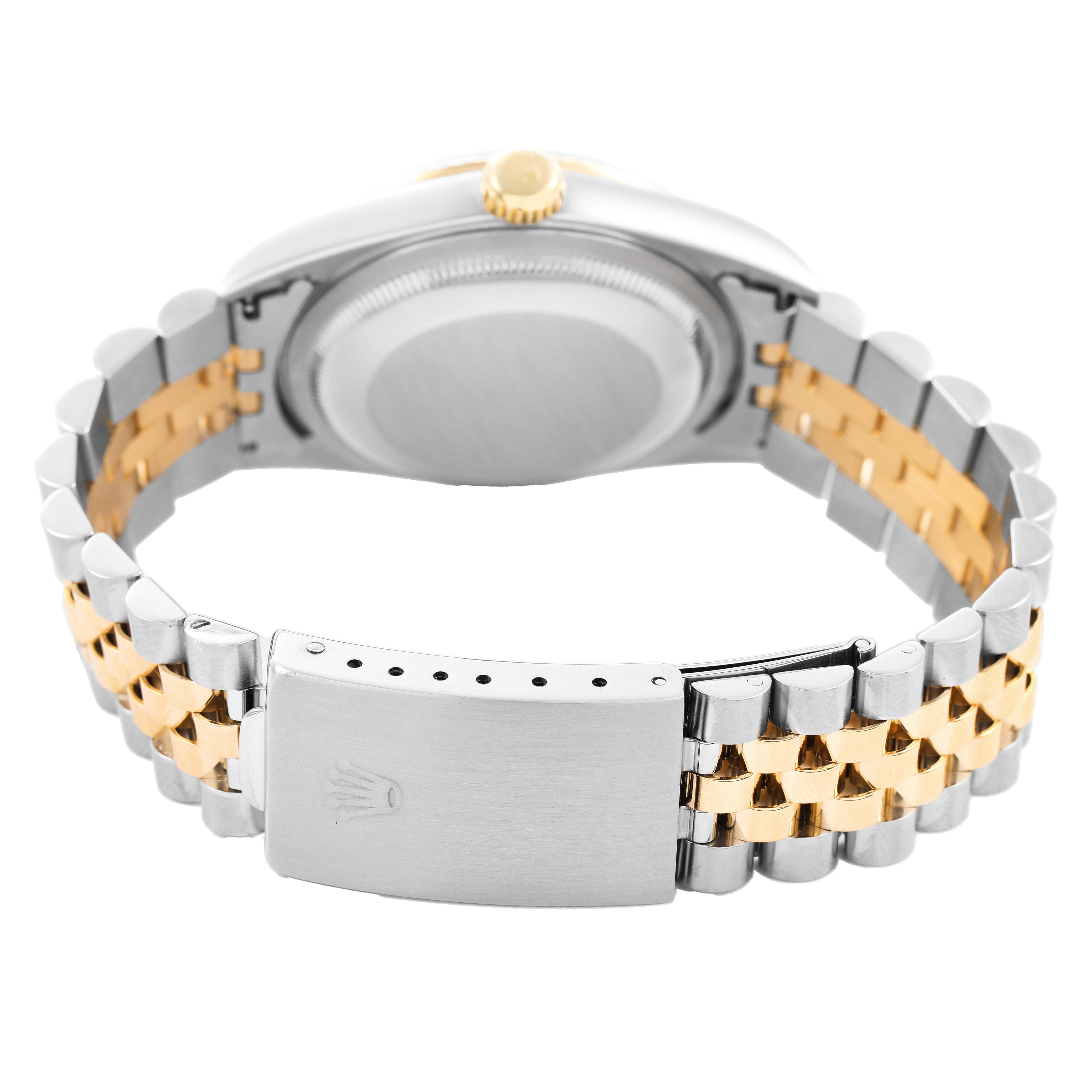 The image shows the back view of a Rolex Datejust 16233 Men's Stainless Steel Black Dial, focusing on the case back and two-tone bracelet clasp.