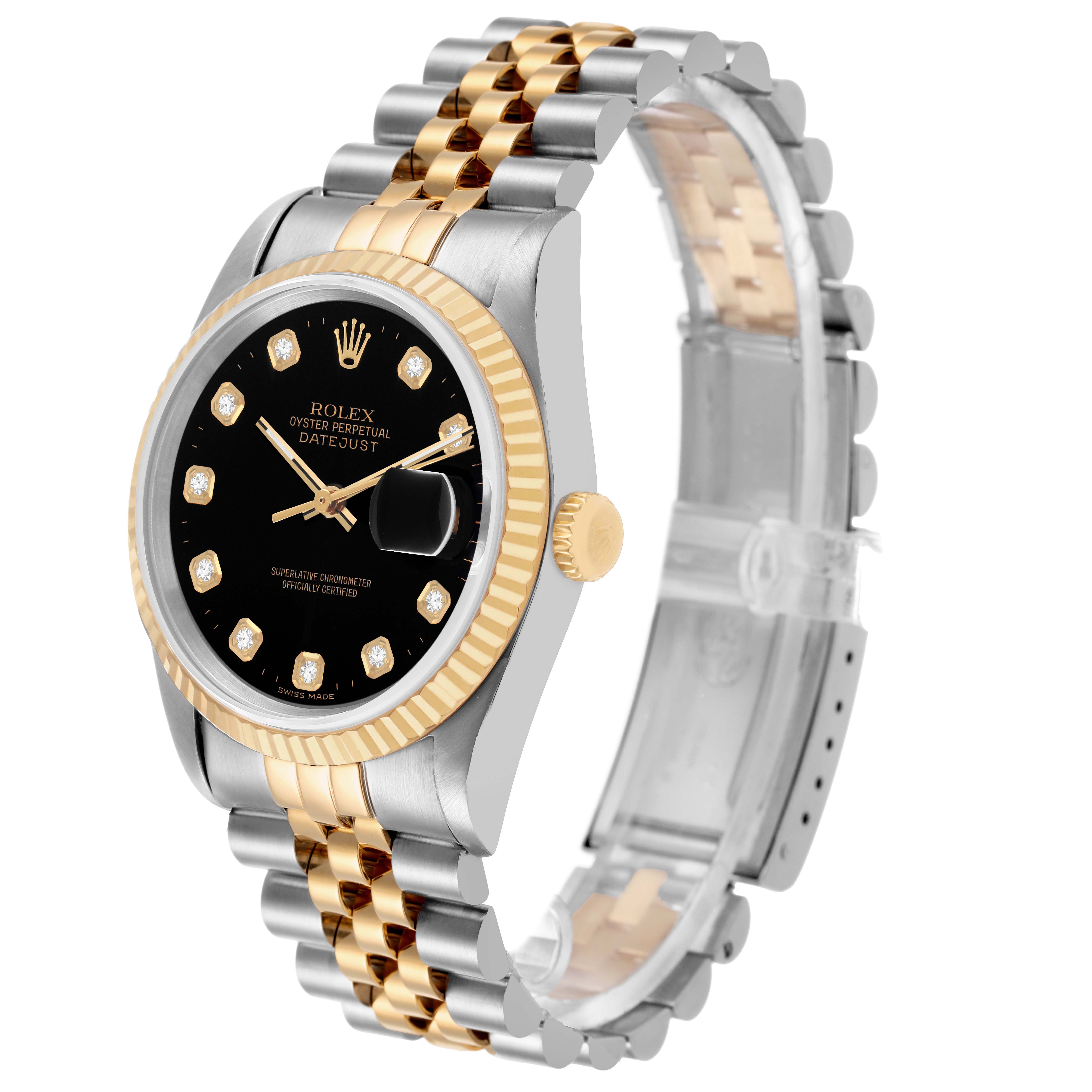 The Rolex Datejust 16233 Men's Stainless Steel Black Dial watch is shown at a slight angle, highlighting the face, bezel, crown, and Jubilee bracelet.