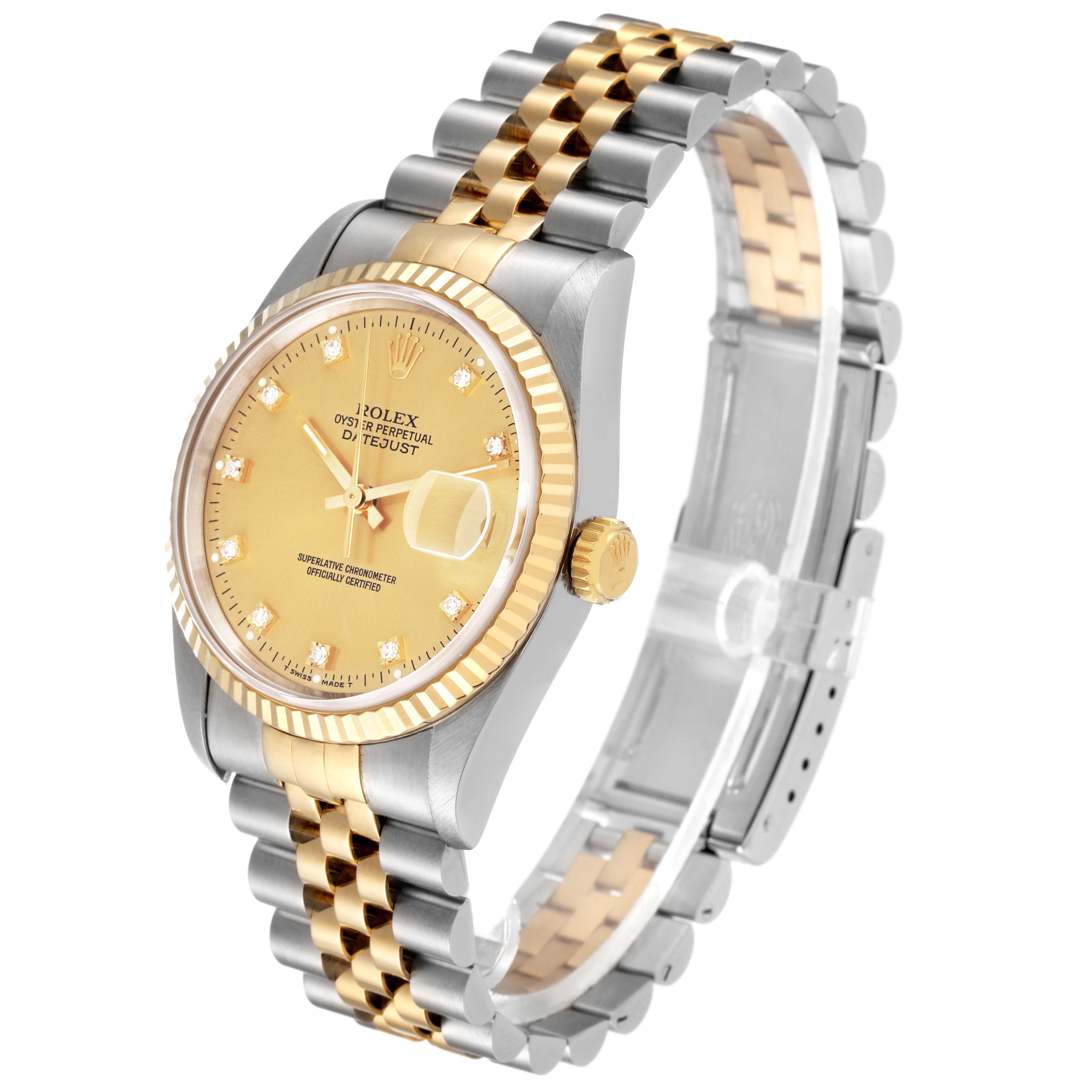 This image shows a side angle of a Rolex Datejust 16233 Men's Steel and Gold (two tone) Champagne Dial 16233 Men's Steel and Gold (two tone) Champagne Dial watch, highlighting its gold and silver jubilee bracelet and champagne dial.