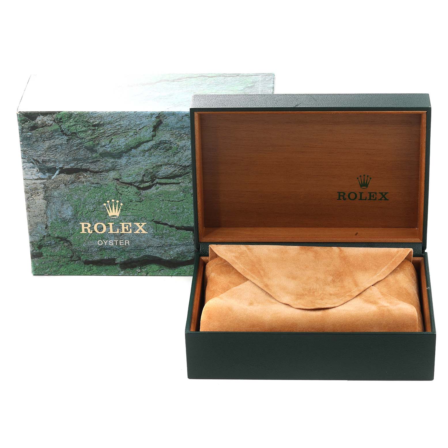 The image shows an open Rolex box with its signature green exterior and wooden interior designed for the Datejust model.