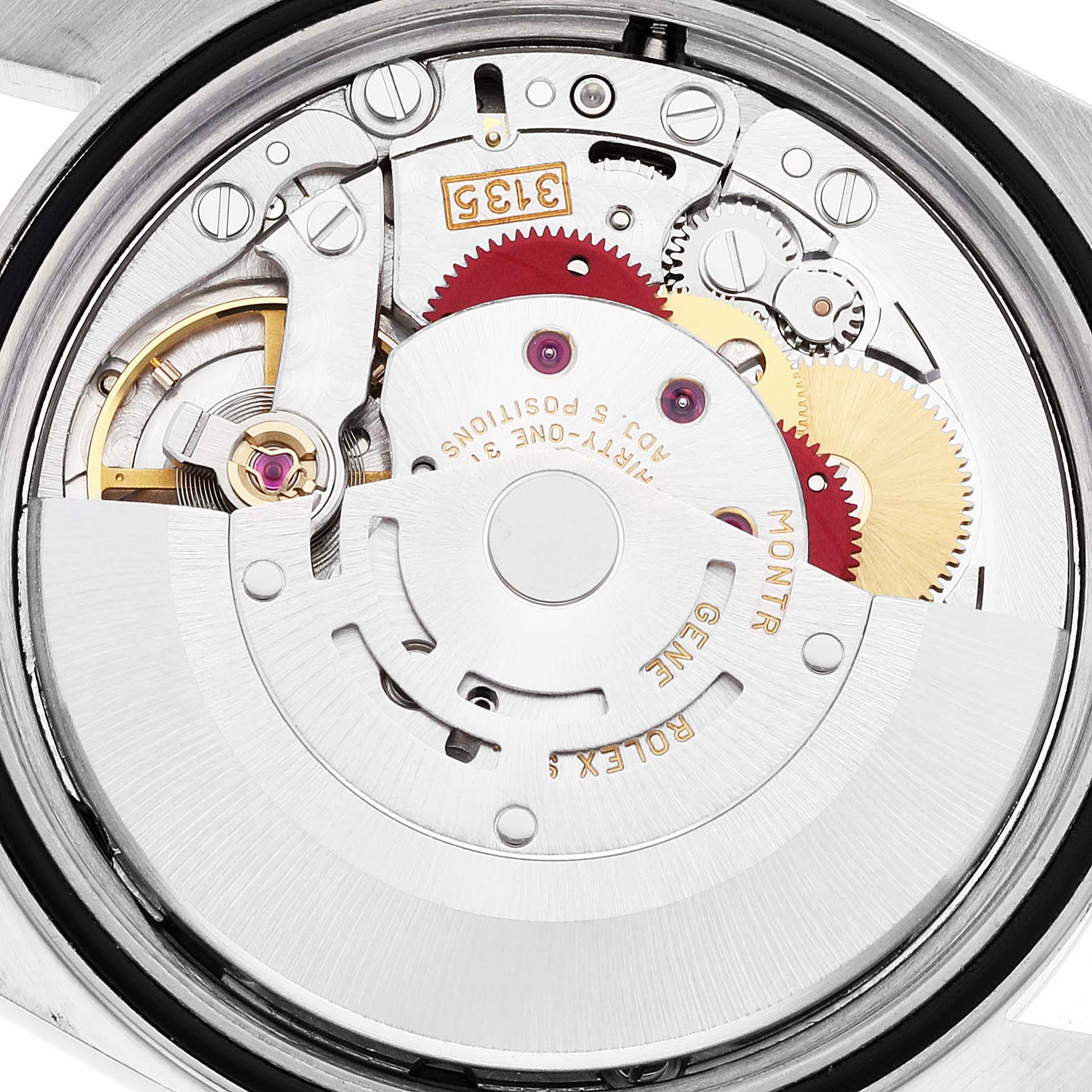 This image shows the movement mechanism of a Rolex Datejust 16233 Men's Steel and Gold (two tone) Champagne Dial 16233 Men's Steel and Gold (two tone) Champagne Dial watch from a close-up, rear angle.