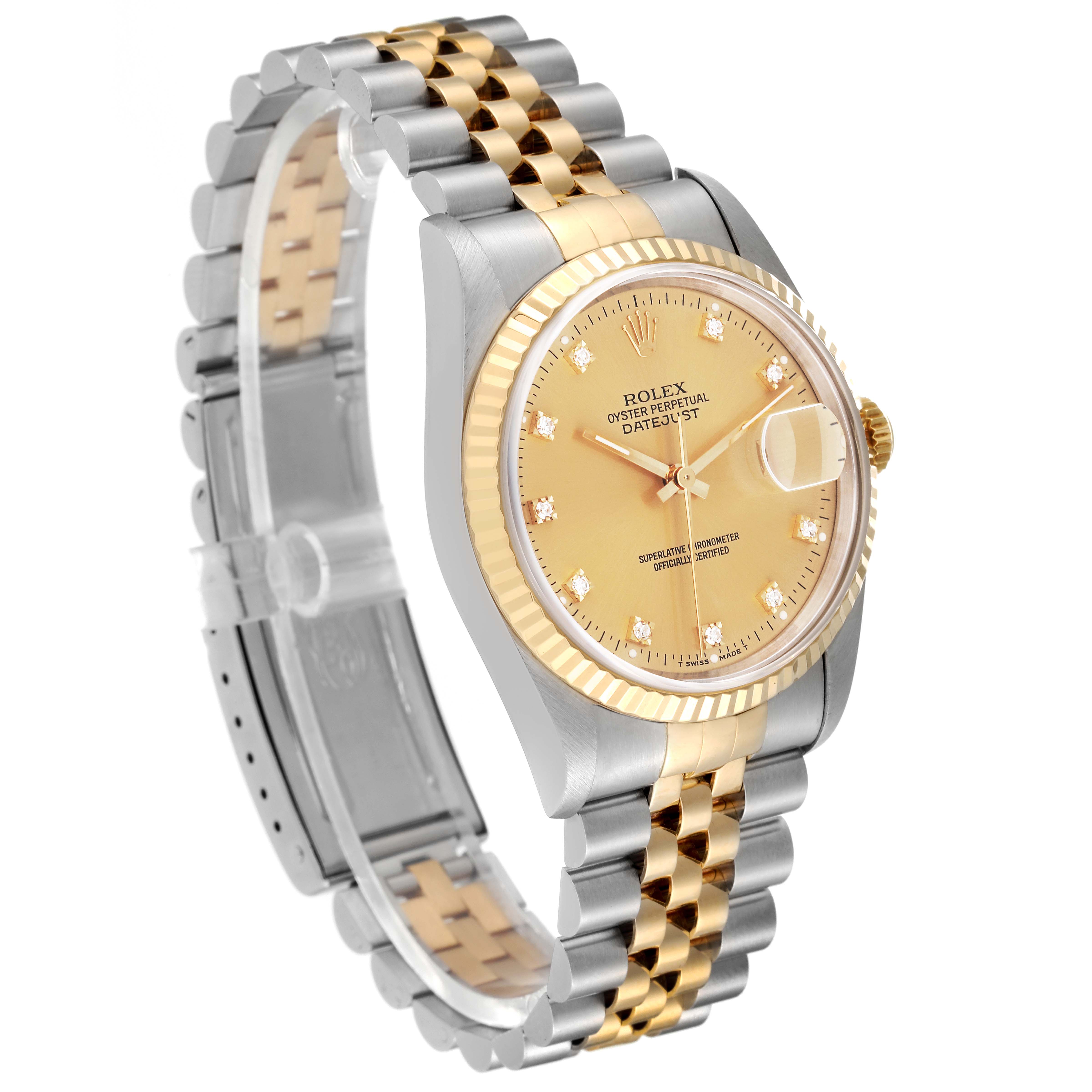 The Rolex Datejust 16233 Men's Steel and Gold (two tone) Champagne Dial 16233 Men's Steel and Gold (two tone) Champagne Dial watch is shown at a 3/4 angle, displaying its gold bezel, champagne dial, and two-tone bracelet.