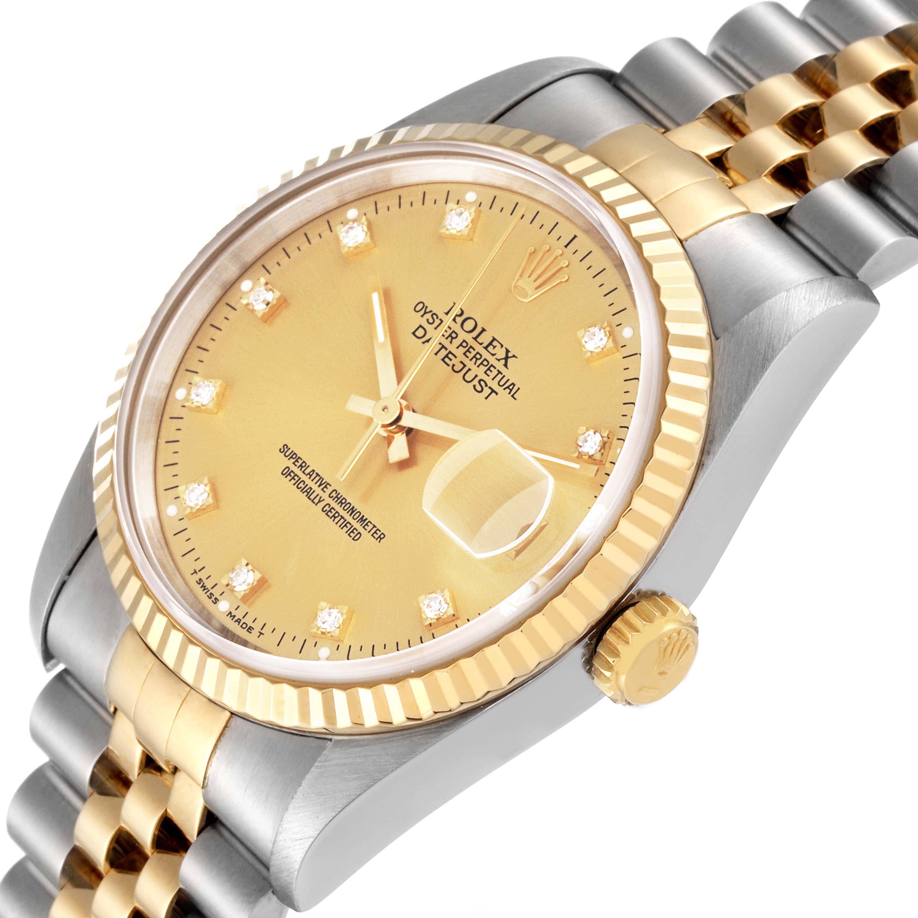 The image shows a Rolex Datejust 16233 Men's Steel and Gold (two tone) Champagne Dial 16233 Men's Steel and Gold (two tone) Champagne Dial model watch from an angled side view, showcasing its face, bezel, crown, and part of the bracelet.