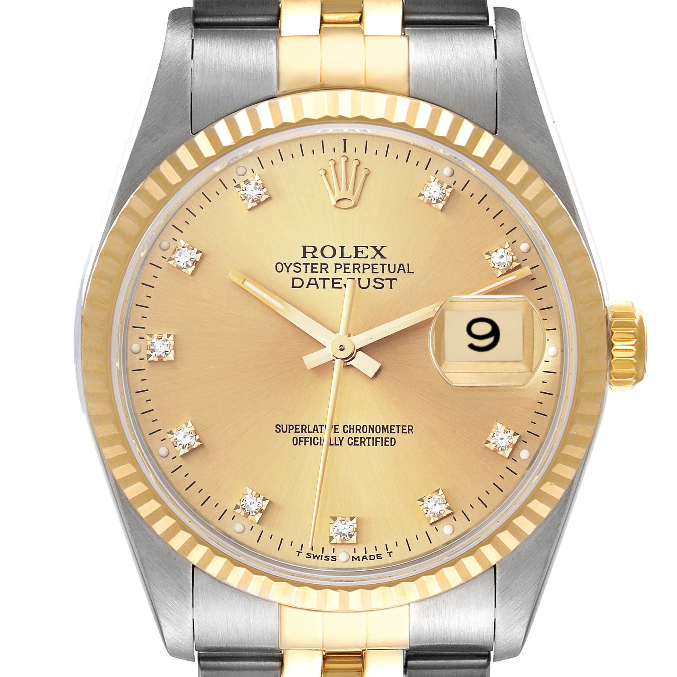 This image shows a close-up, front view of a Rolex Datejust 16233 Men's Steel and Gold (two tone) Champagne Dial 16233 Men's Steel and Gold (two tone) Champagne Dial watch with a gold dial and diamond indices.