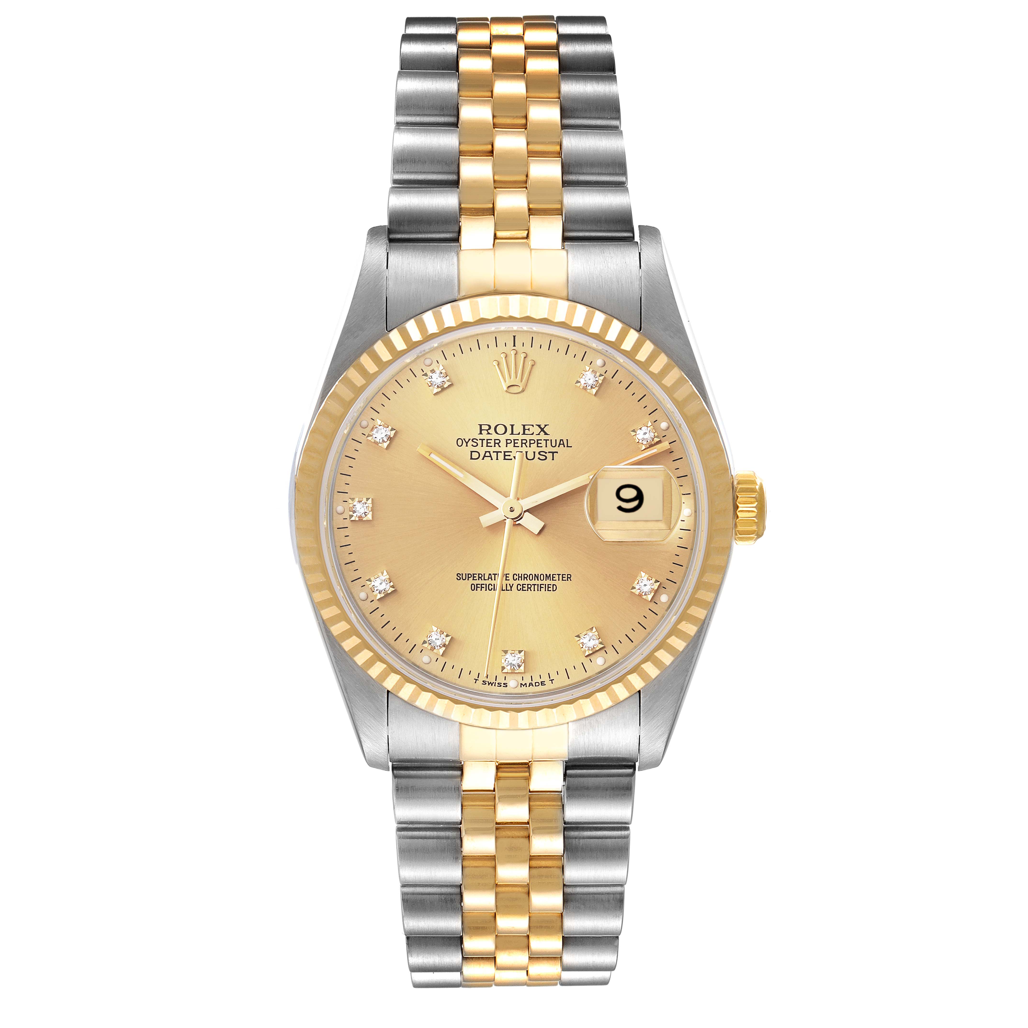 Rolex Datejust Steel Yellow Gold Diamond Dial Mens Watch 16233