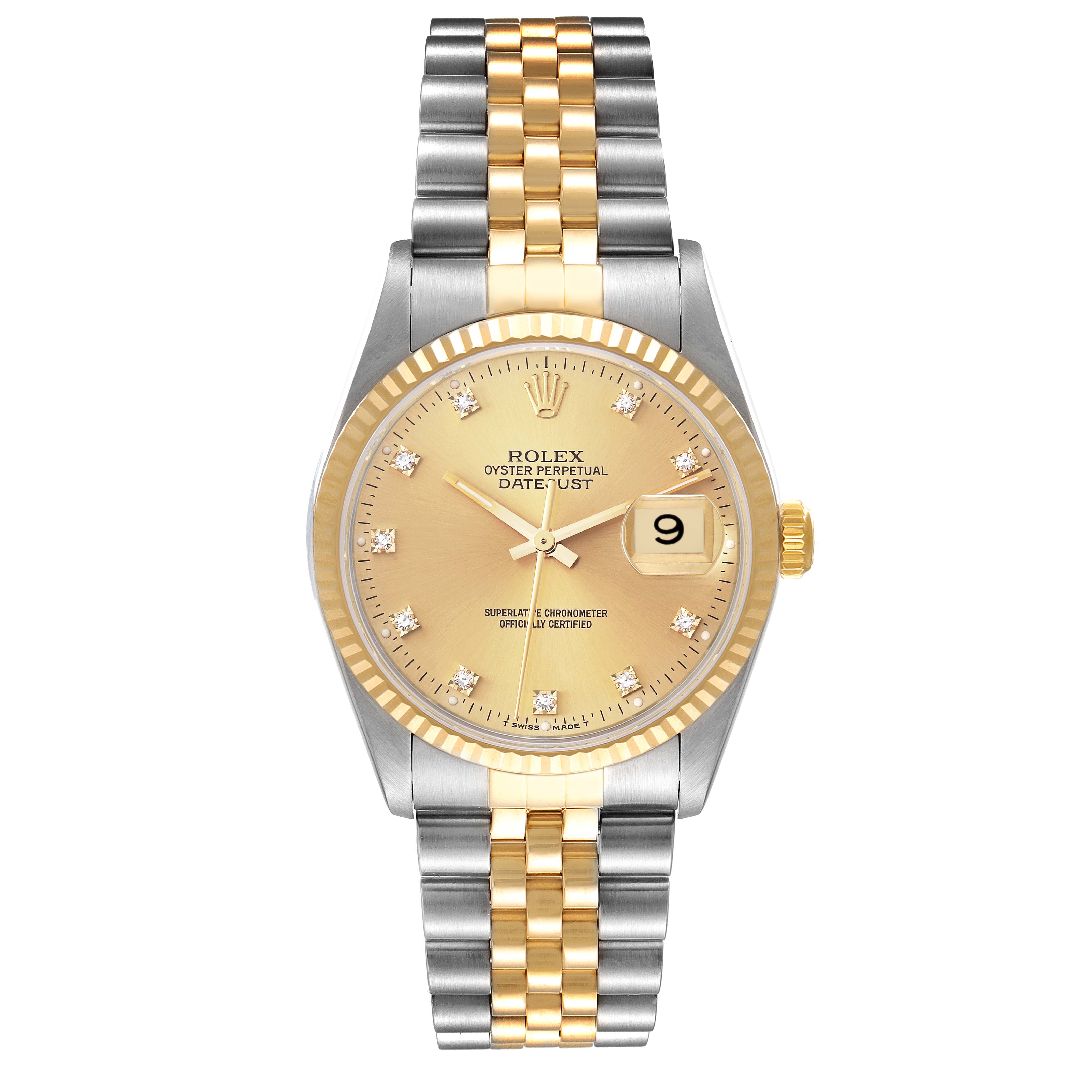This Rolex Datejust 16233 Men's Steel and Gold (two tone) Champagne Dial 16233 Men's Steel and Gold (two tone) Champagne Dial watch is shown from a top-down angle, highlighting its dial, bezel, and bracelet.