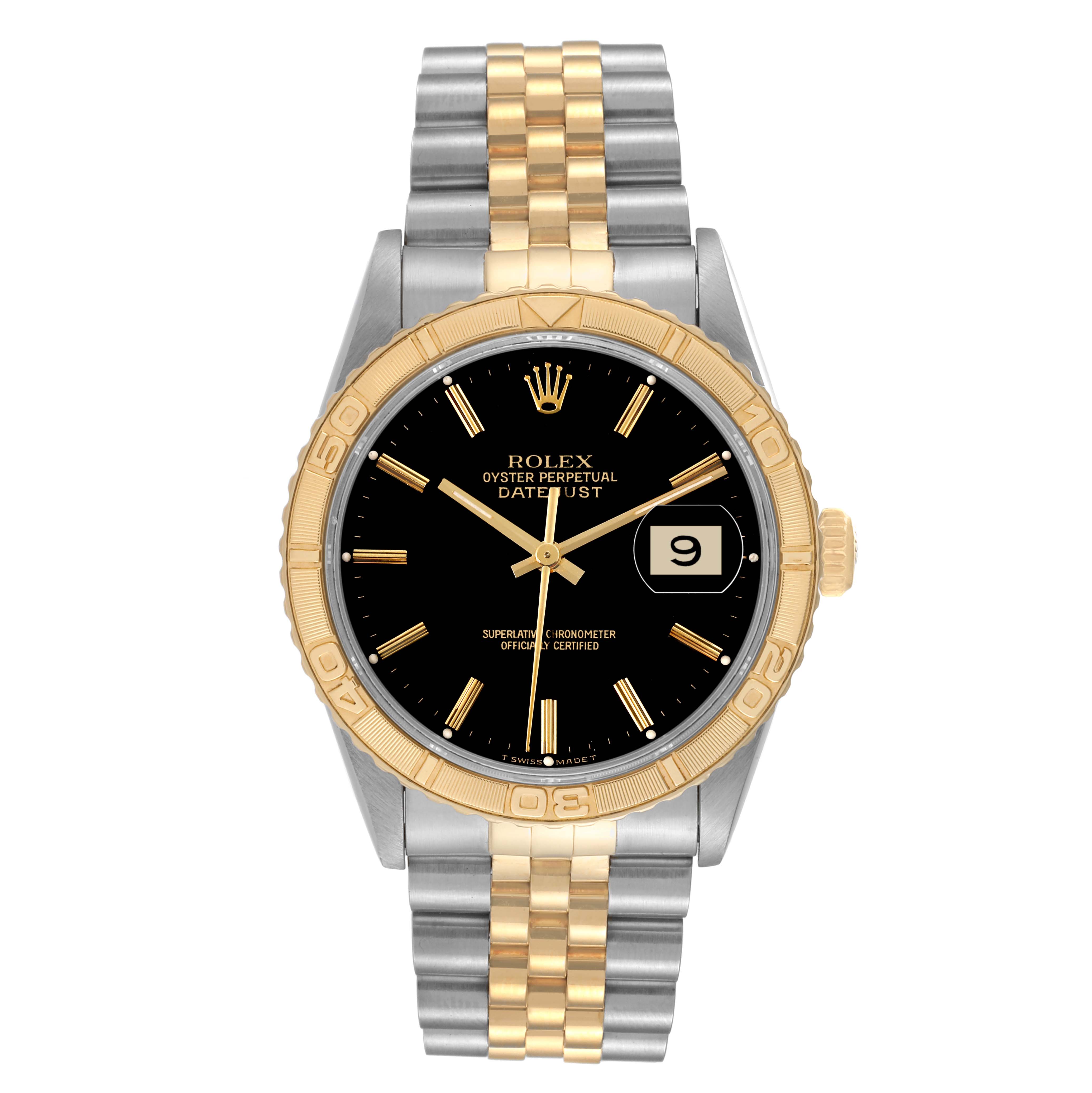 The image shows a Rolex Turn-o-Graph 16263 Men
s Steel and Gold (two tone) Black Dial 16263 Men
s Steel and Gold (two tone) Black Dial model watch, displaying the face, bezel, and bracelet from a front angle.