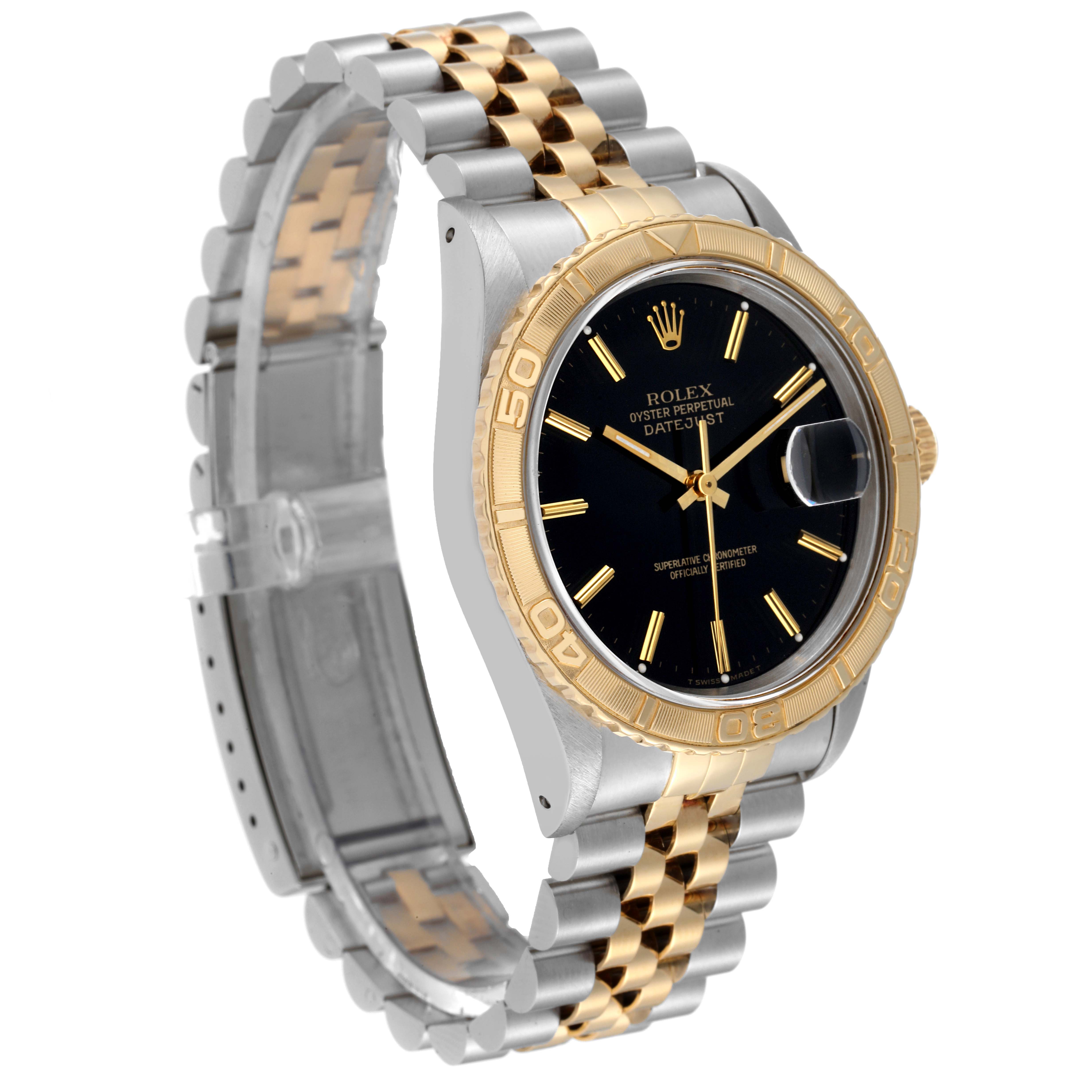 This image shows a Rolex Turn-o-Graph 16263 Men
s Steel and Gold (two tone) Black Dial 16263 Men
s Steel and Gold (two tone) Black Dial watch at a three-quarter angle, displaying the bezel, dial, and bracelet.