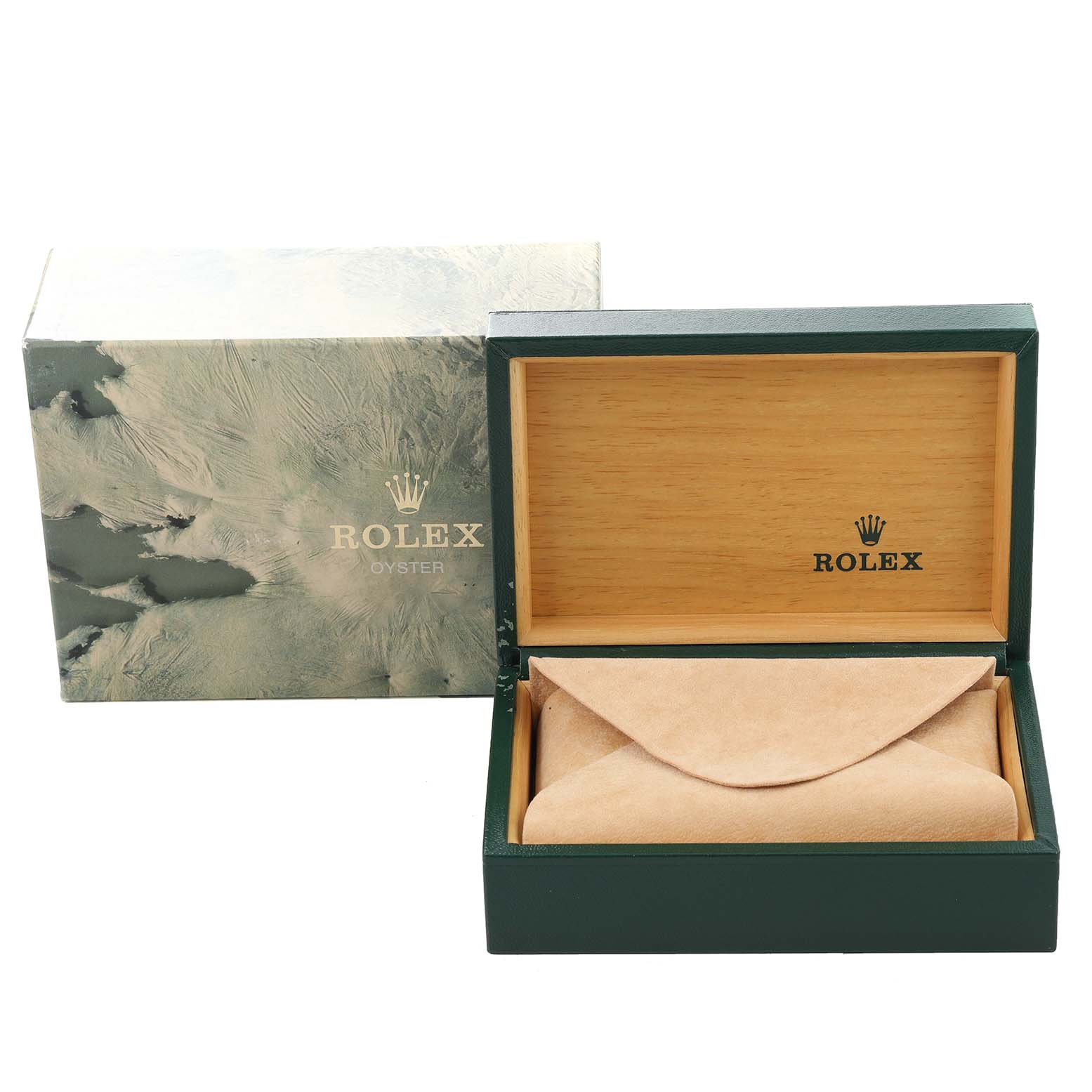 The image shows a Rolex Turn-o-Graph 16263 Men
s Steel and Gold (two tone) Black Dial 16263 Men
s Steel and Gold (two tone) Black Dial watch box and protective pouch from a front angle.