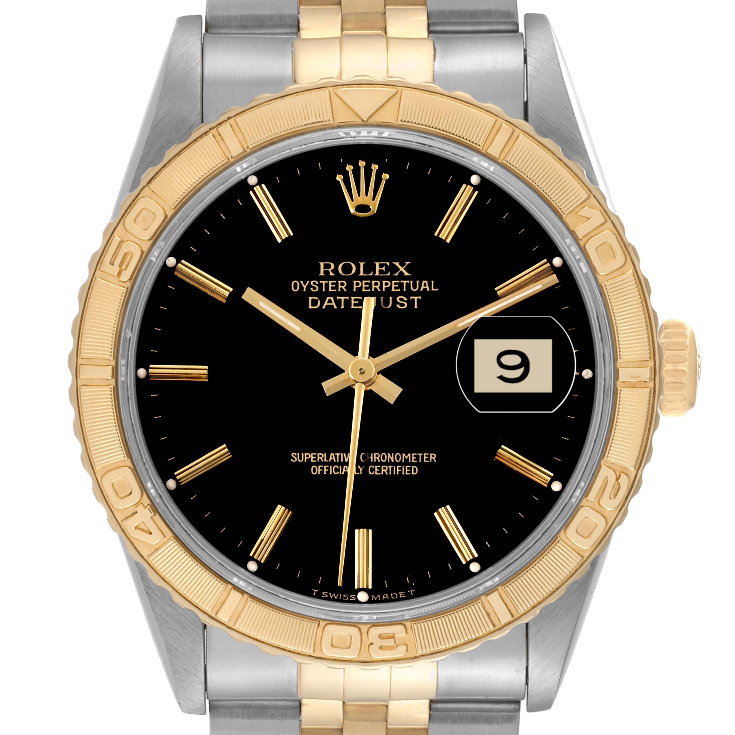 The image shows a front view of a Rolex Turn-o-Graph 16263 Men
s Steel and Gold (two tone) Black Dial 16263 Men
s Steel and Gold (two tone) Black Dial watch, highlighting the dial, bezel, crown, and part of the bracelet.