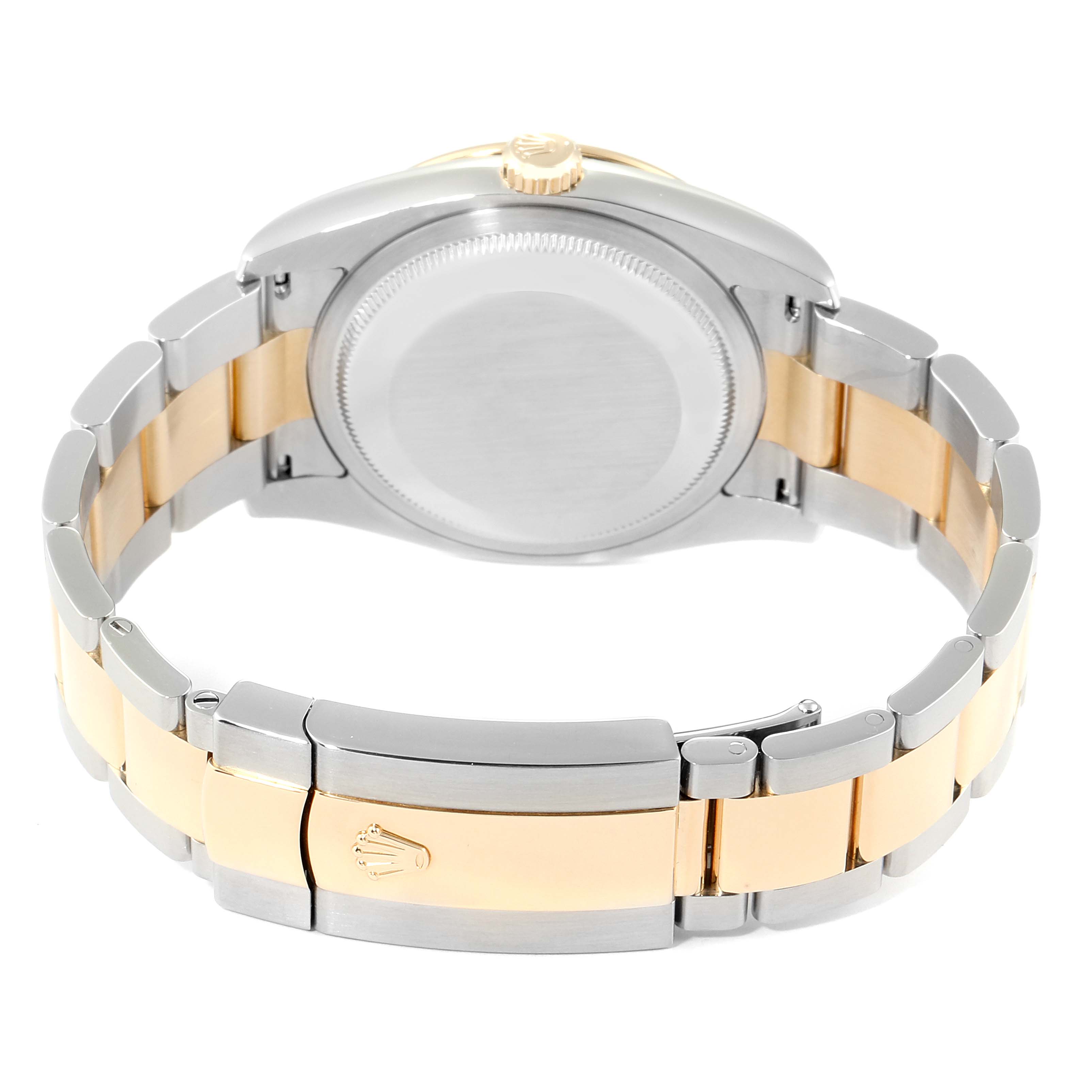 This image shows the back case and clasp of a Rolex Turn-o-Graph 116263 Men's Steel and Gold (two tone) White Dial 116263 Men's Steel and Gold (two tone) White Dial watch at a rear angle.